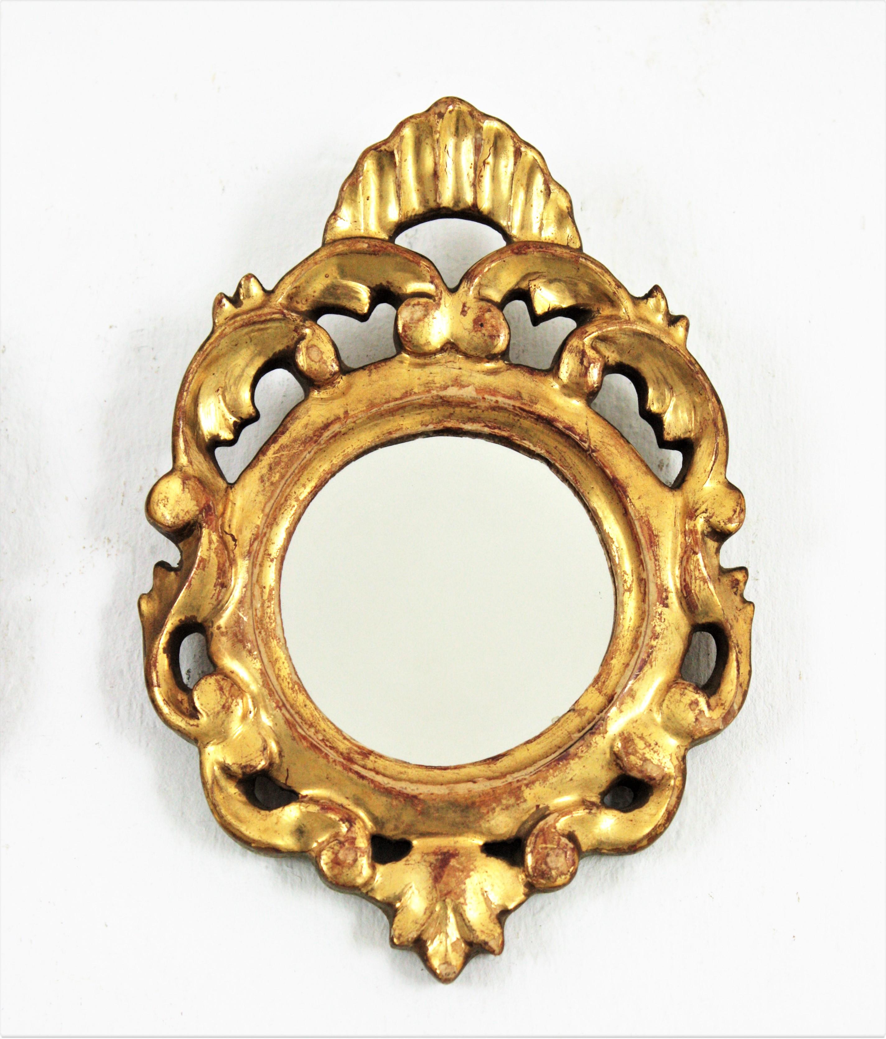 Hand-Crafted Rococo Style Carved Giltwood Miniature Wall Mirrors, Pair For Sale
