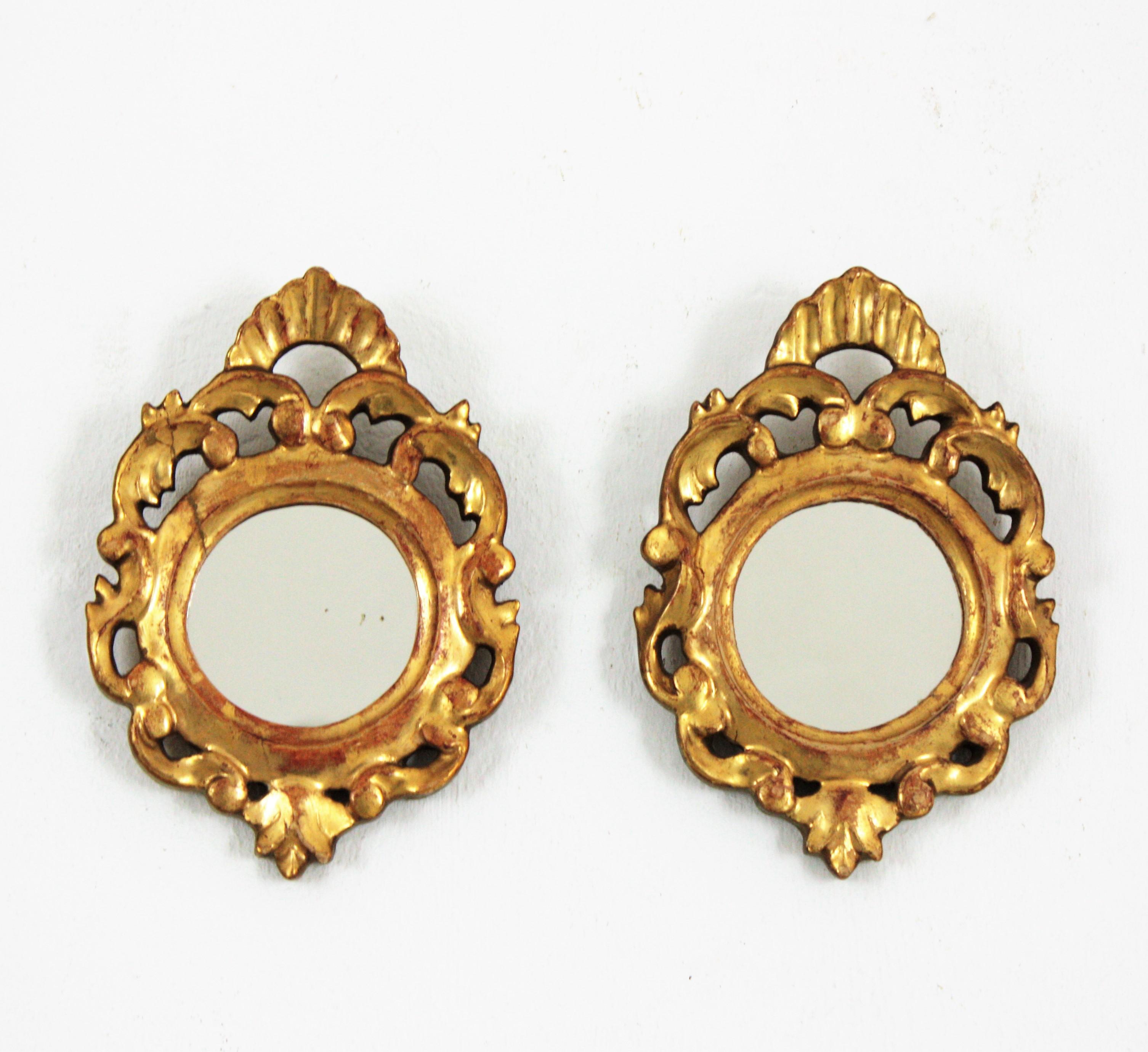 Rococo Style Carved Giltwood Miniature Wall Mirrors, Pair In Good Condition For Sale In Barcelona, ES