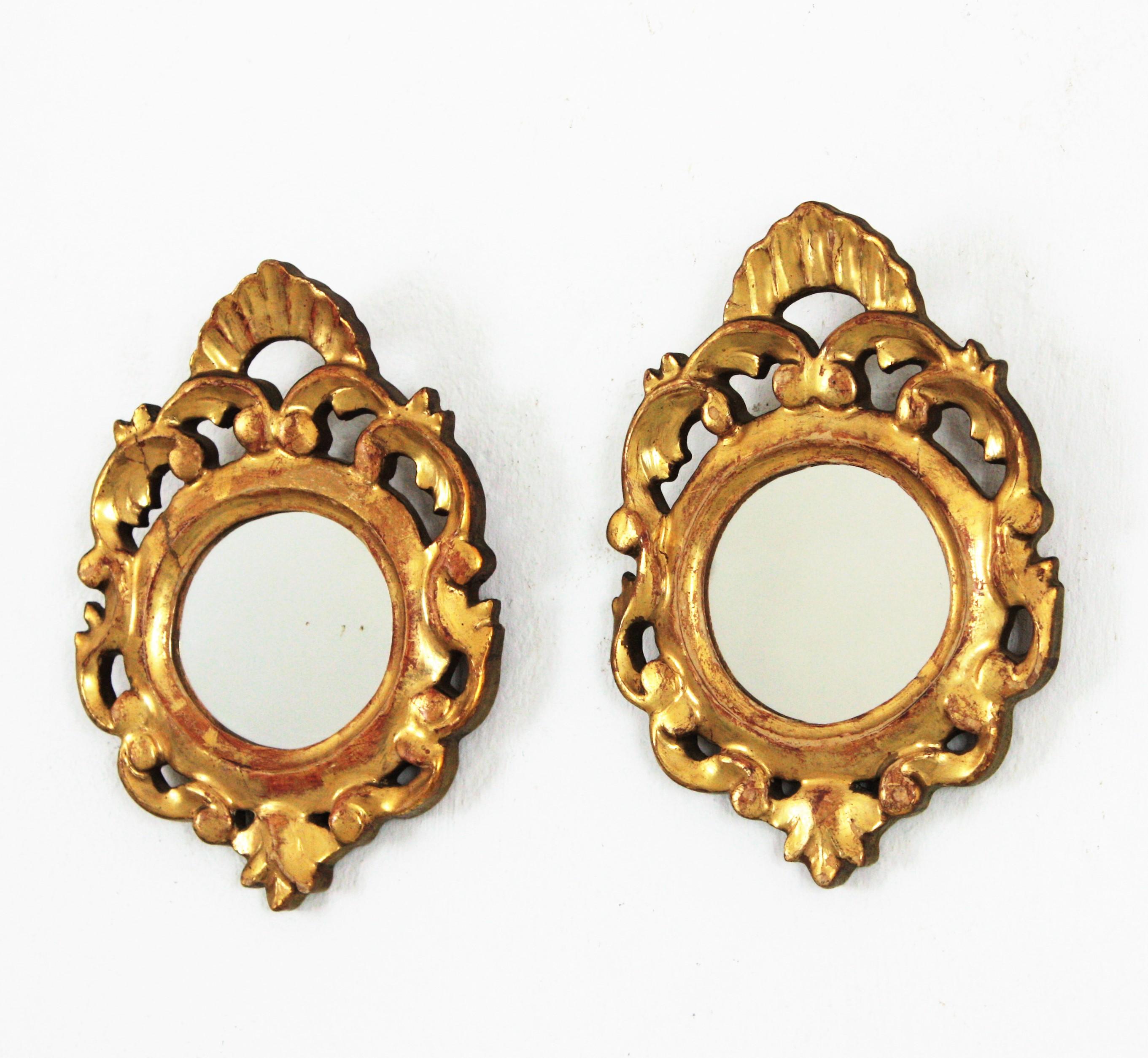 Wood Rococo Style Carved Giltwood Miniature Wall Mirrors, Pair For Sale