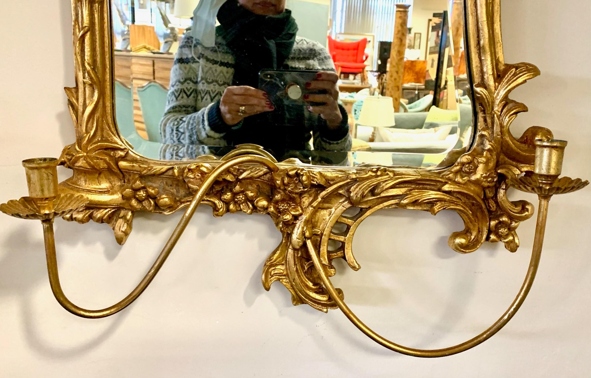 Rococo Style Carved Gold Giltwood Mirrors with Sconces, a Pair 3