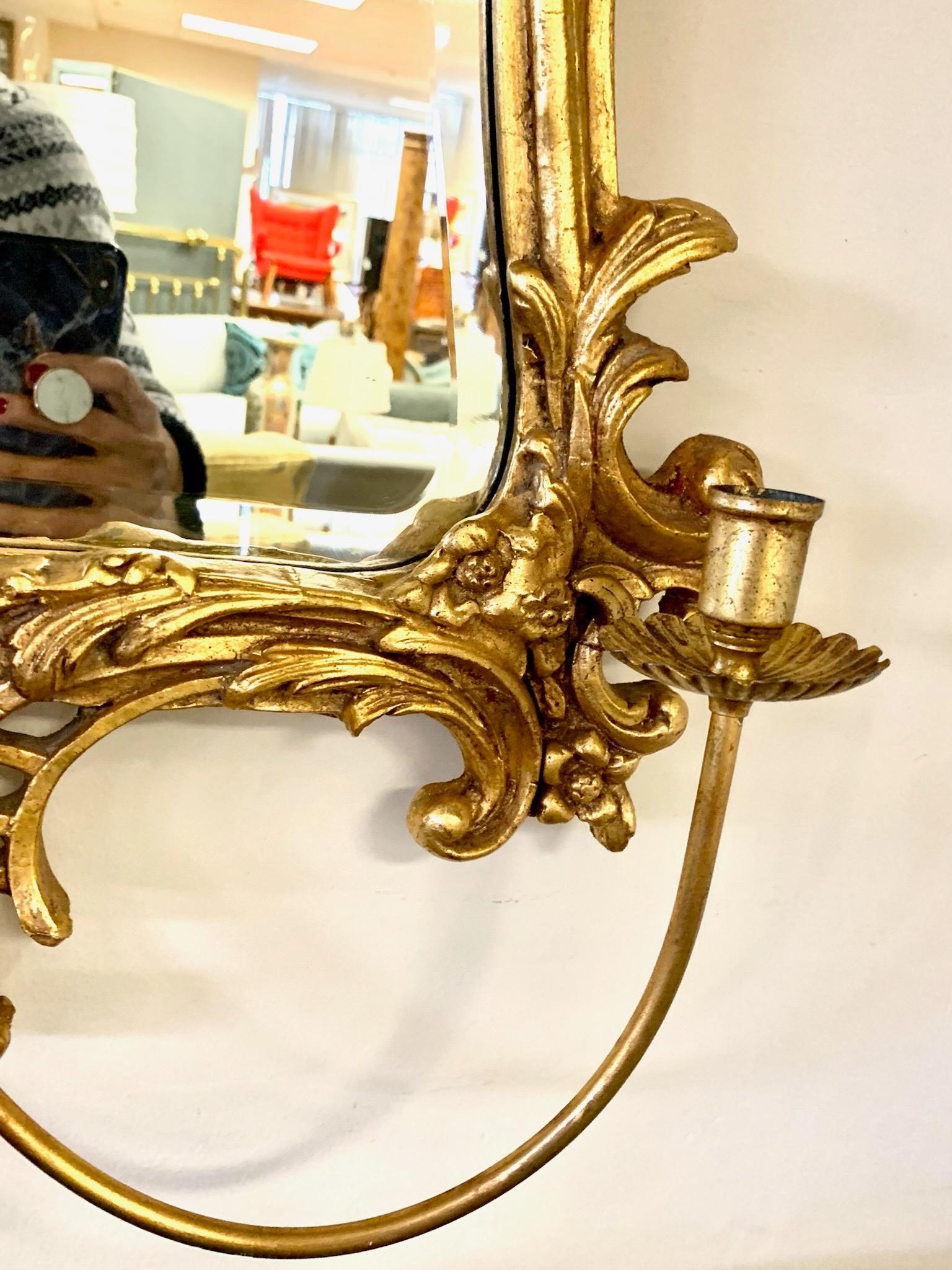 Rococo Style Carved Gold Giltwood Mirrors with Sconces, a Pair 5