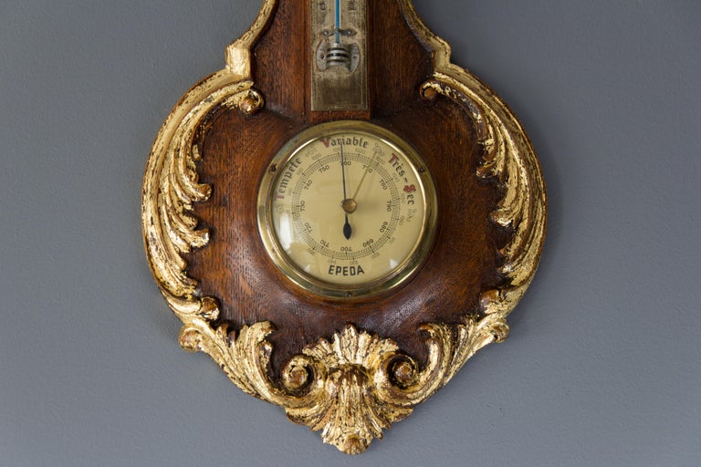 Rococo Style Carved OakWood Barometer with Thermometer For Sale at 1stDibs