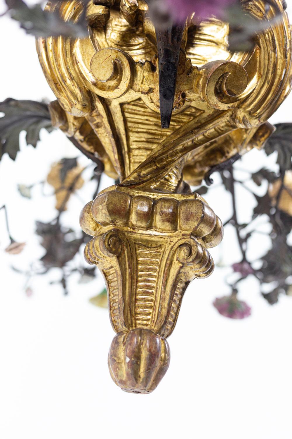 Late 19th Century Rococo Style Chandelier in Giltwood, Wrought Iron and Porcelain, circa 1880