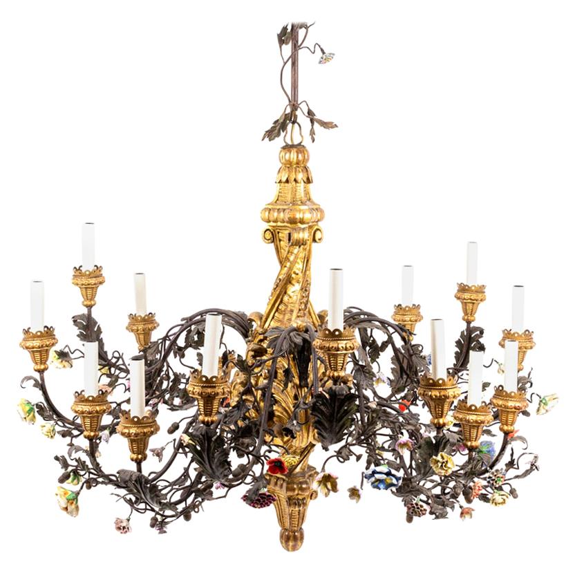 Rococo Style Chandelier in Giltwood, Wrought Iron and Porcelain, circa 1880