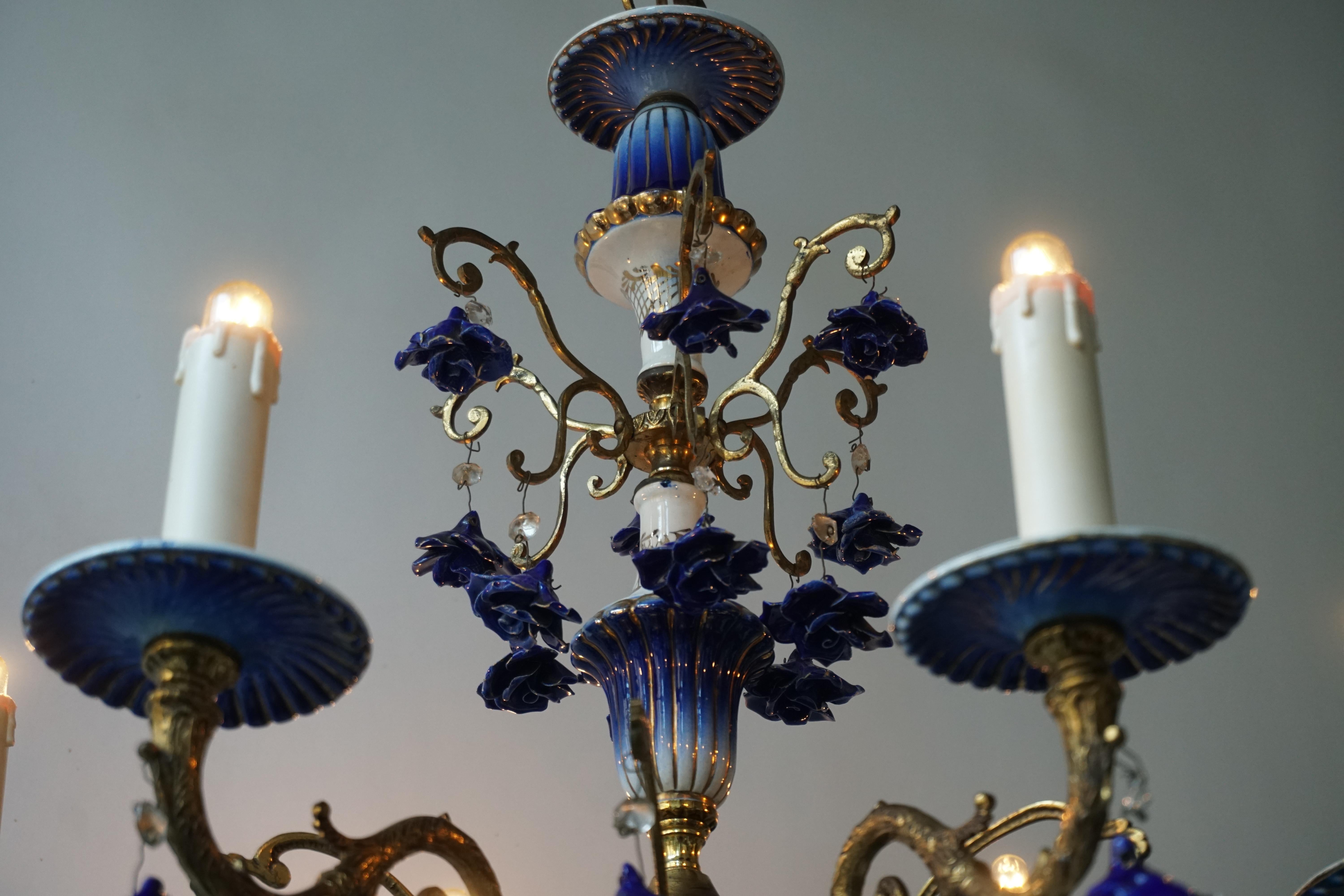 Rococo Style Chandelier, Porcelain Flowers, Rocaille Pattern For Sale 2