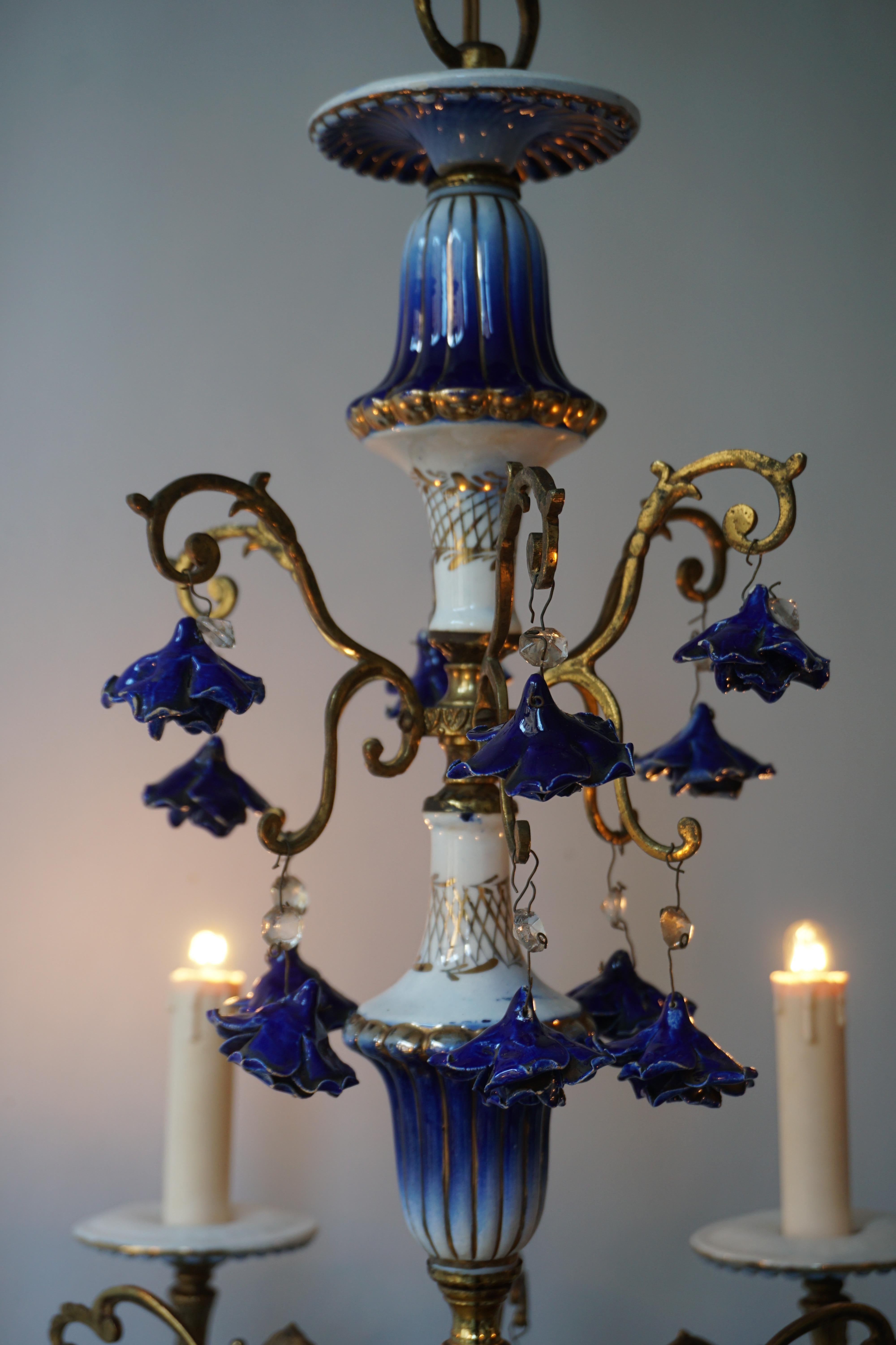 Rococo Style Chandelier, Porcelain Flowers, Rocaille Pattern For Sale 2
