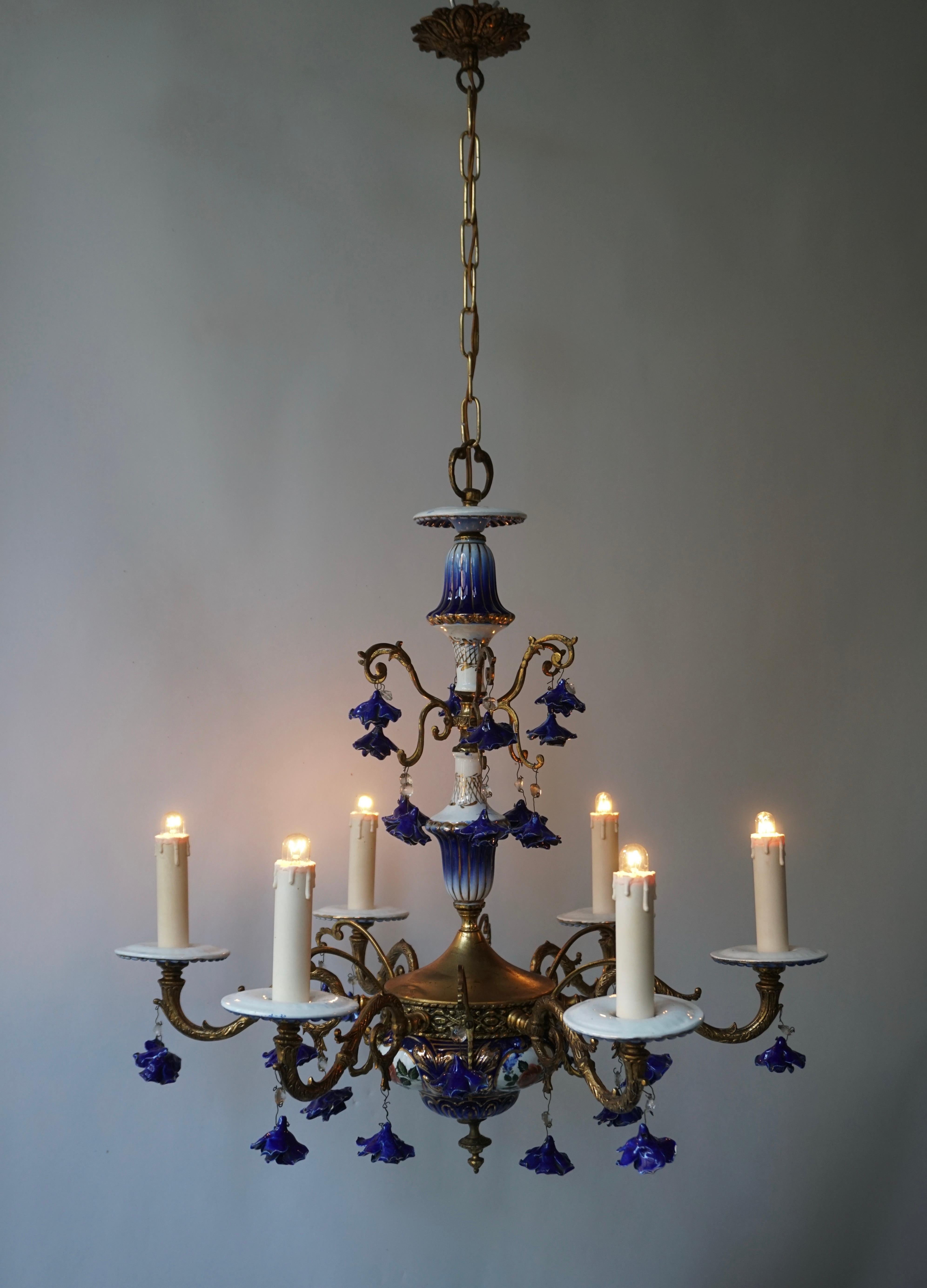 Italian Rococo Style Chandelier, Porcelain Flowers, Rocaille Pattern For Sale