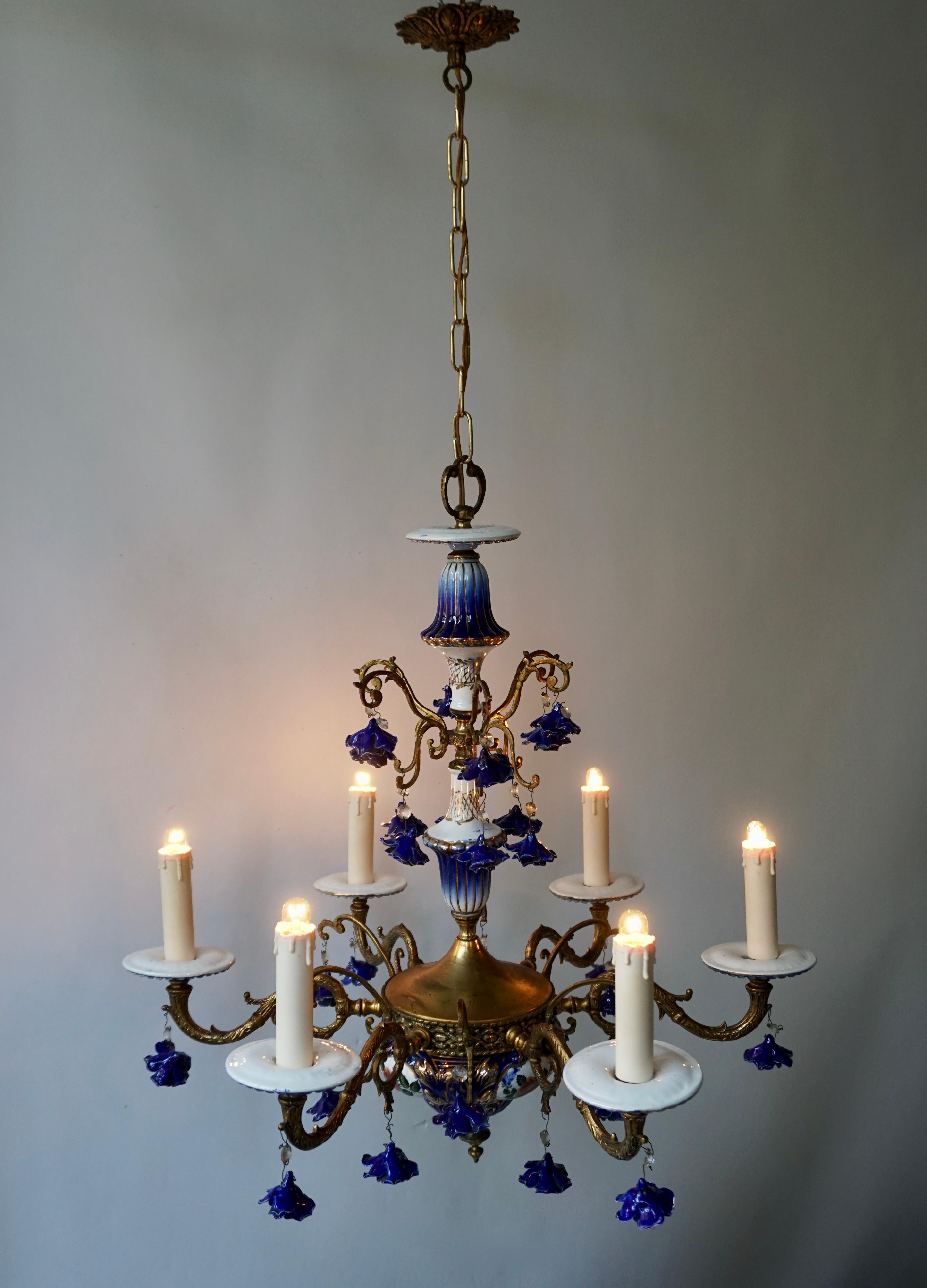 Hand-Painted Rococo Style Chandelier, Porcelain Flowers, Rocaille Pattern For Sale