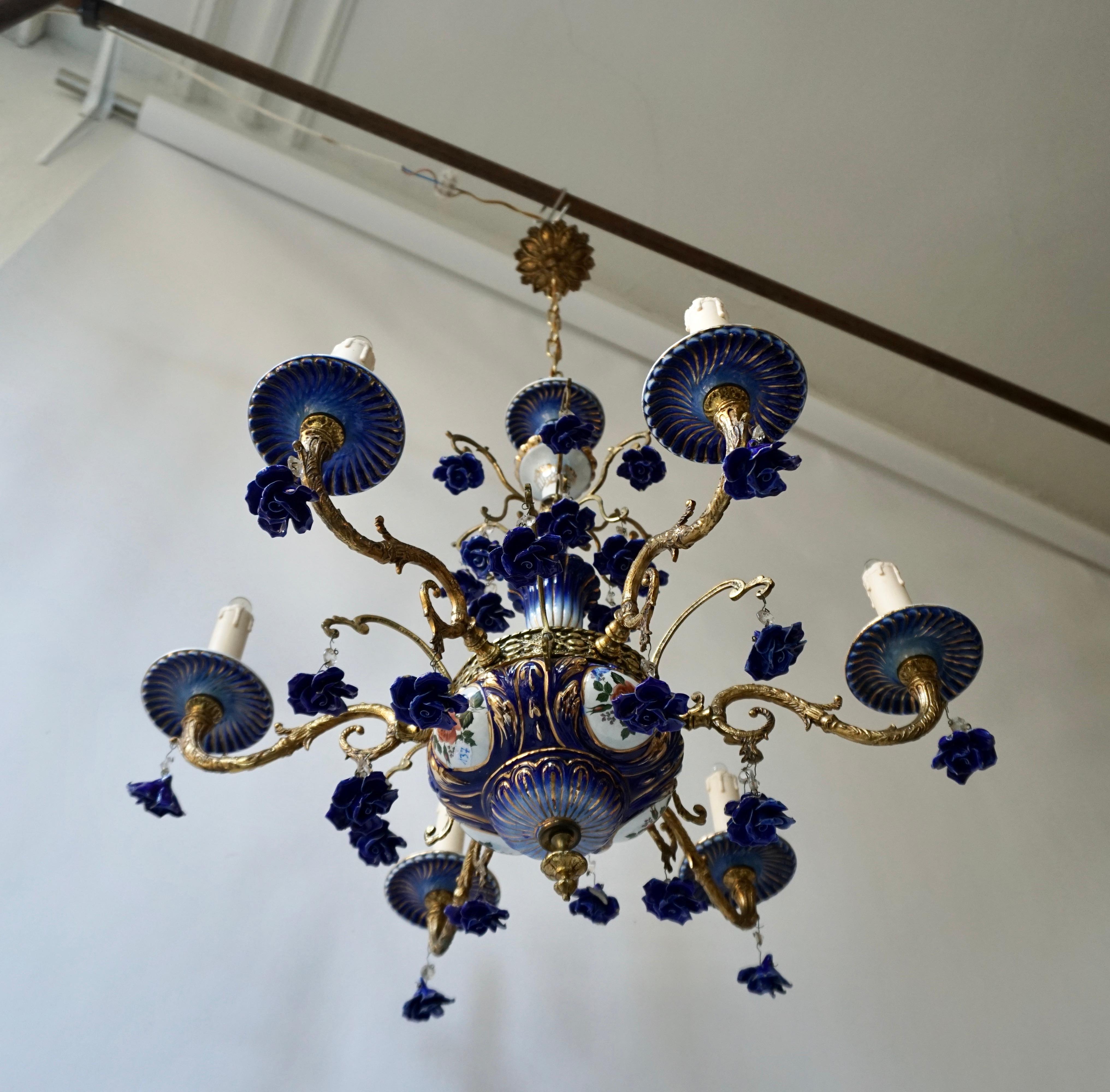 Hand-Painted Rococo Style Chandelier, Porcelain Flowers, Rocaille Pattern For Sale