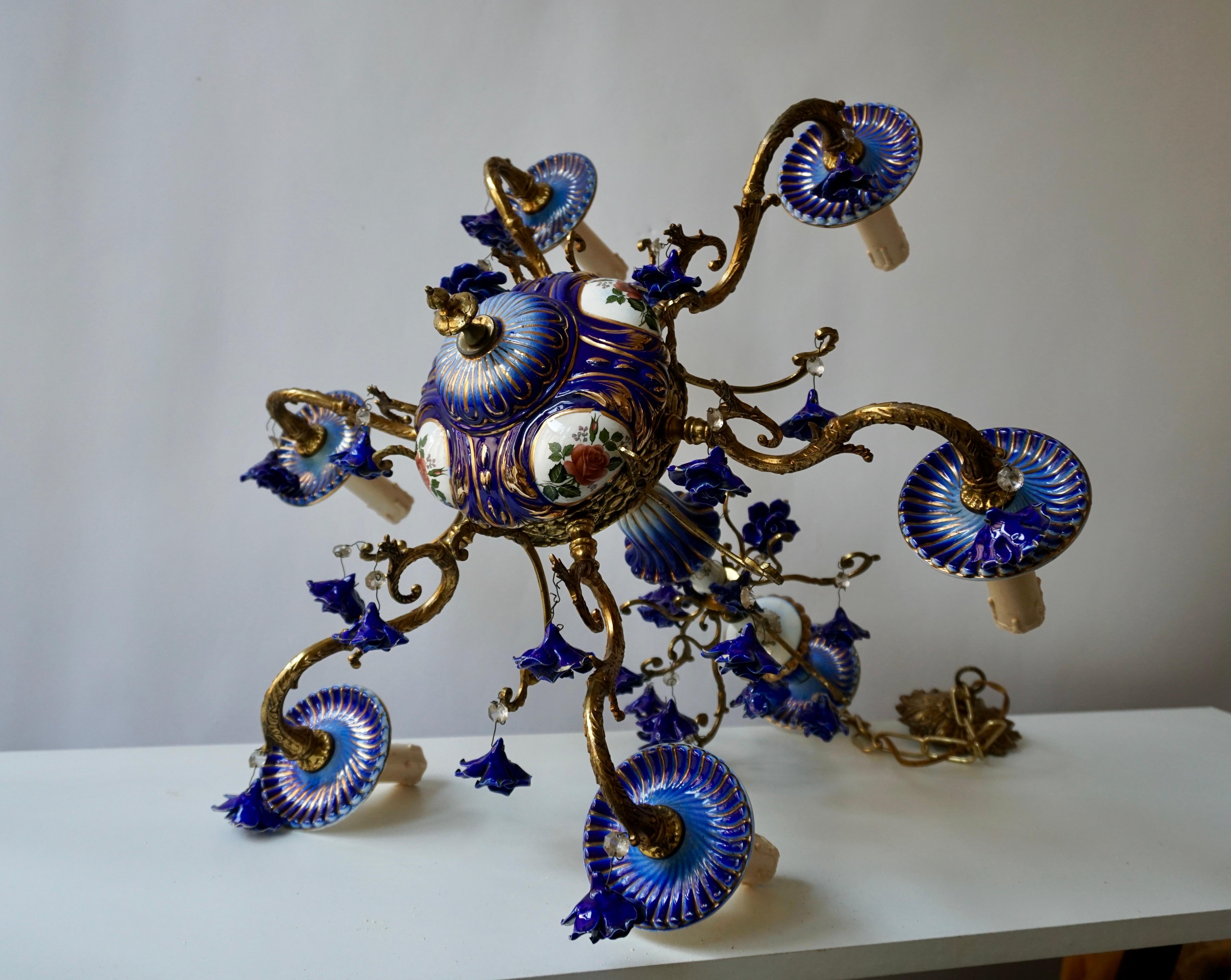 20th Century Rococo Style Chandelier, Porcelain Flowers, Rocaille Pattern For Sale