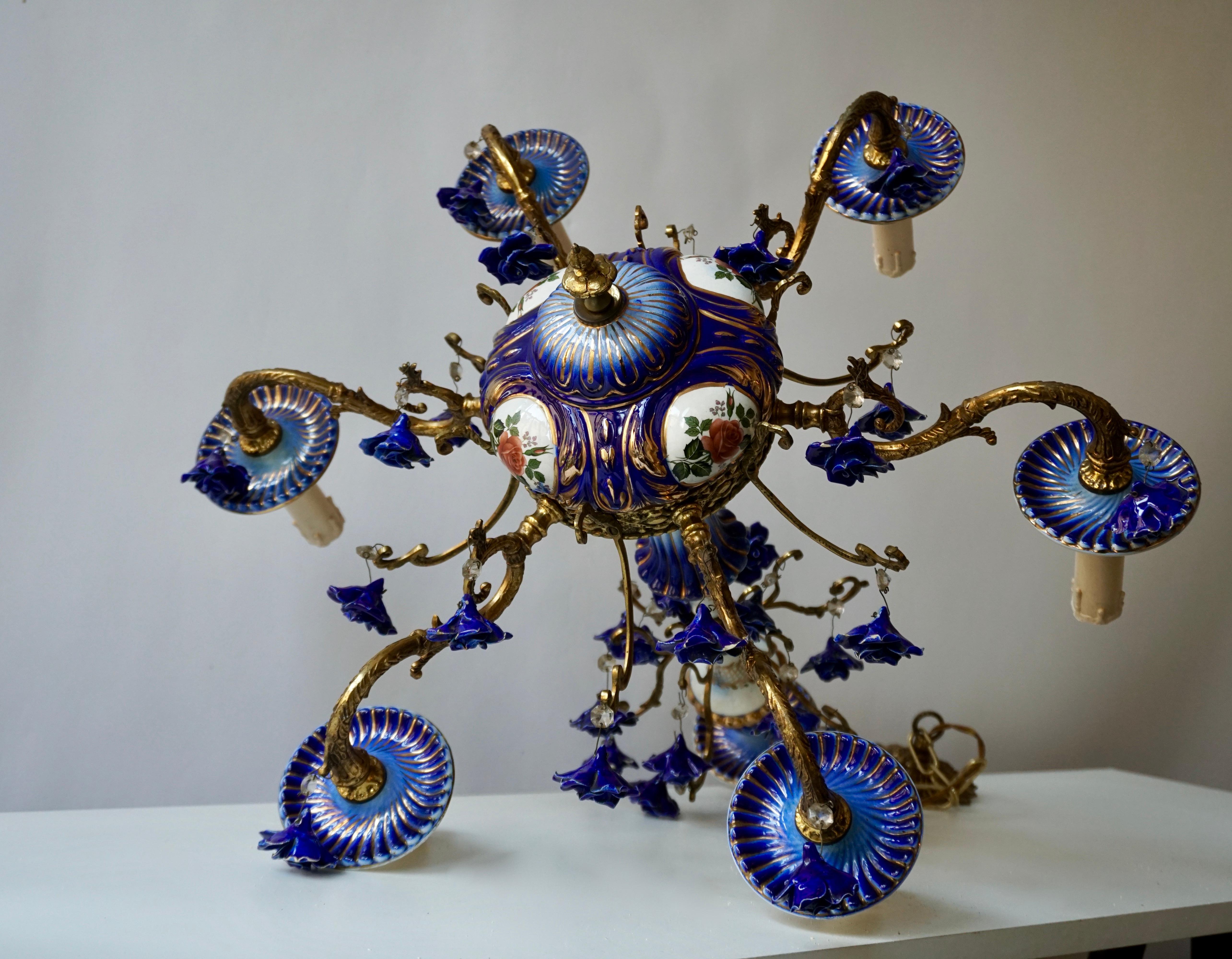 20th Century Rococo Style Chandelier, Porcelain Flowers, Rocaille Pattern For Sale