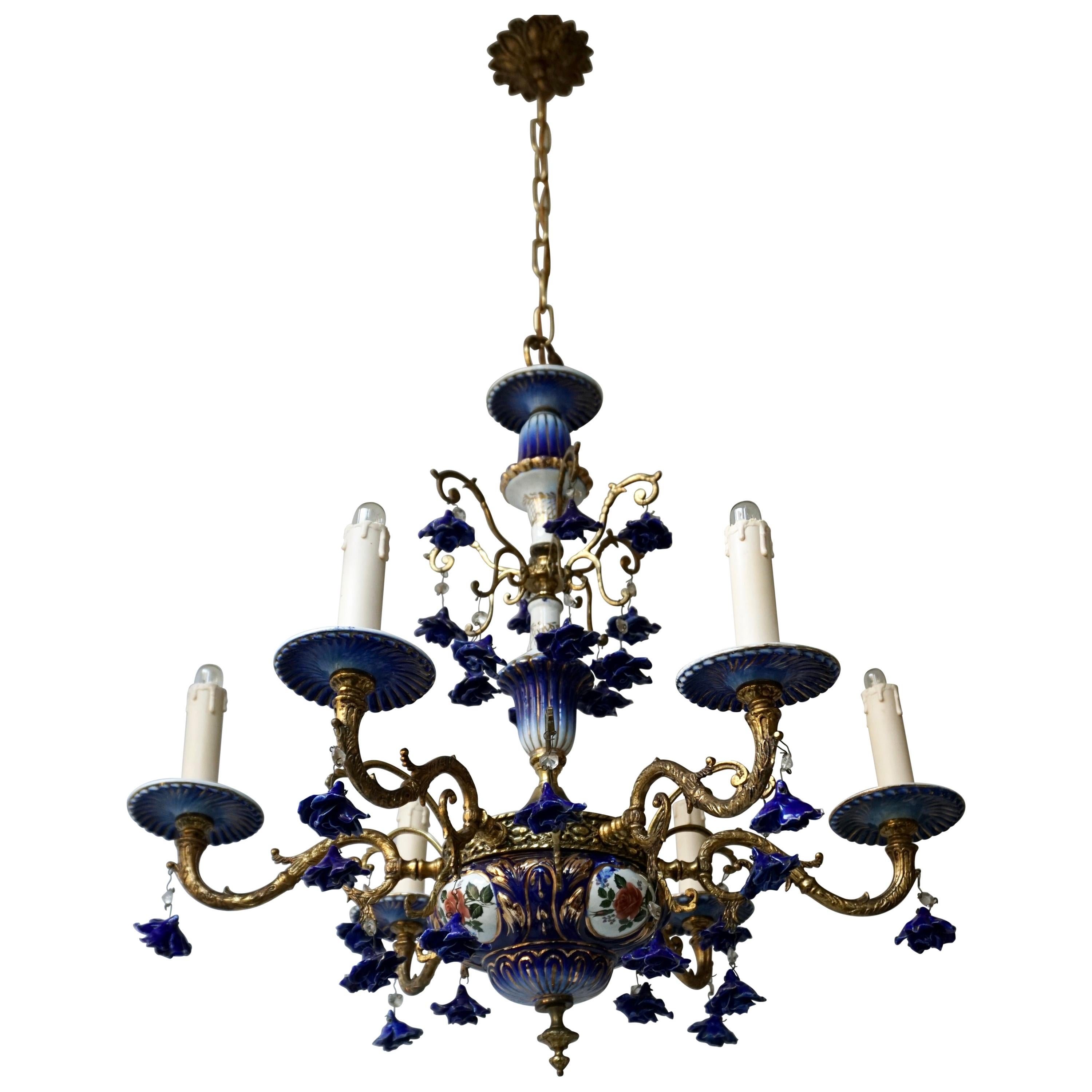 Rococo Style Chandelier, Porcelain Flowers, Rocaille Pattern For Sale