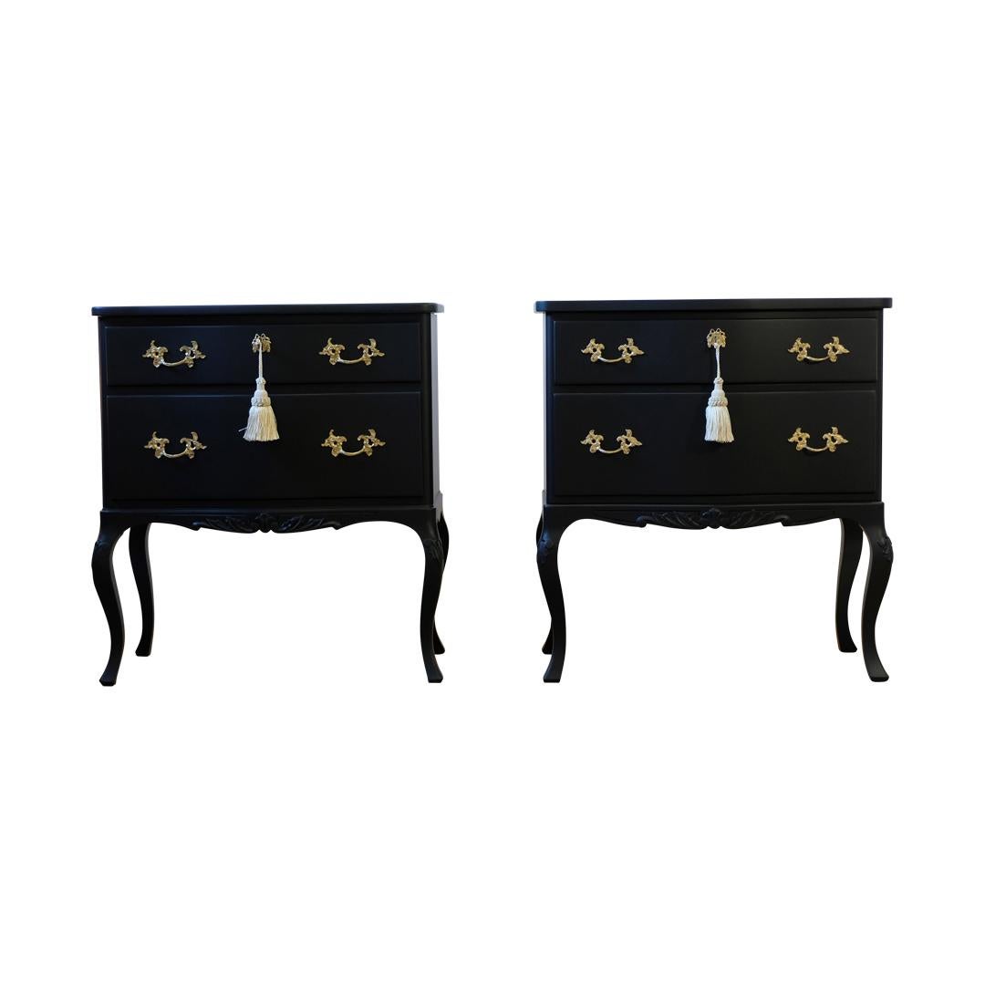 Rococo Style Pair of  Chests with 2 Drawers and Modern Flat Black Finish. Original brass fittings. 
Width: 62cm / 24.4