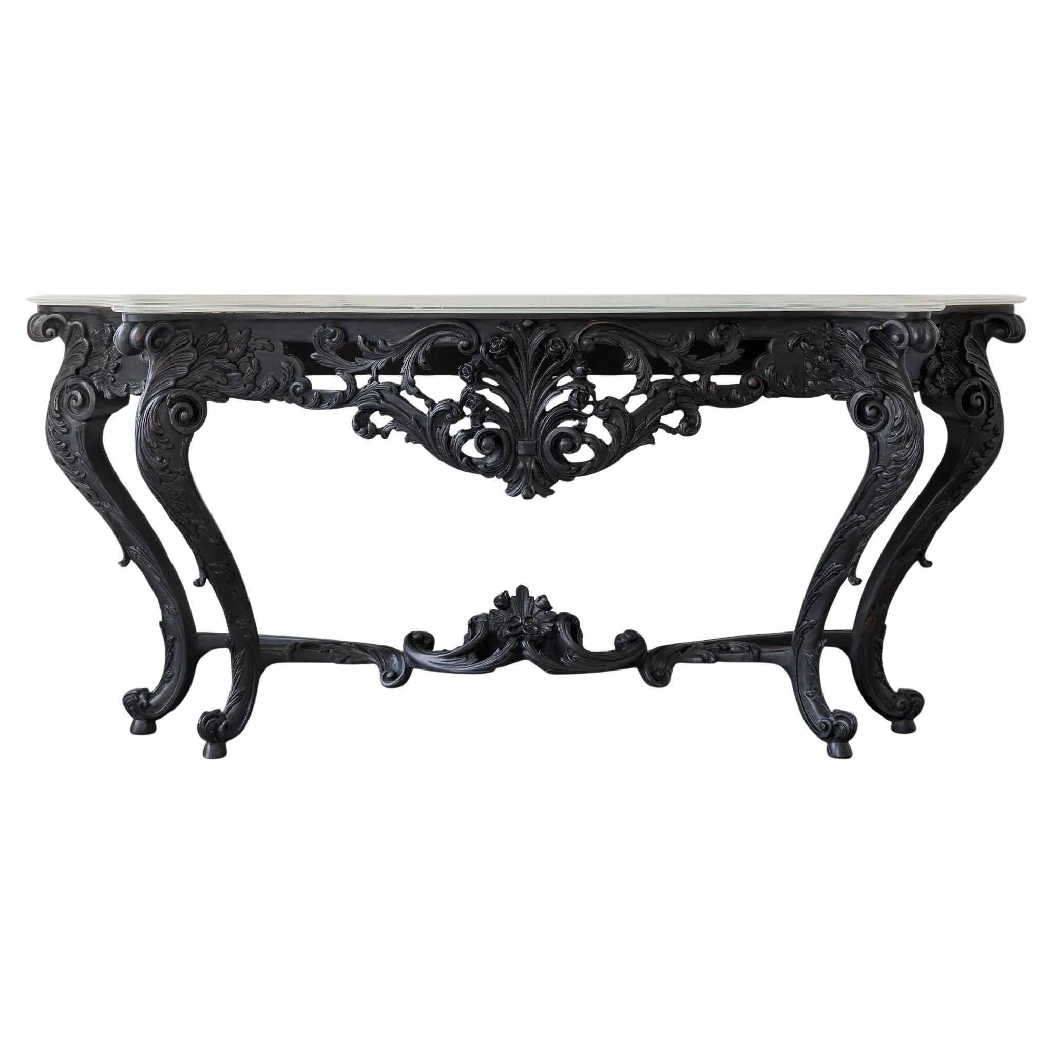 Console de style rococo sculptée à la main, en bois massif, fleurs et plateau en marbre en vente
