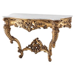 Rococo Style Console Table in Antique Gold and White Marble