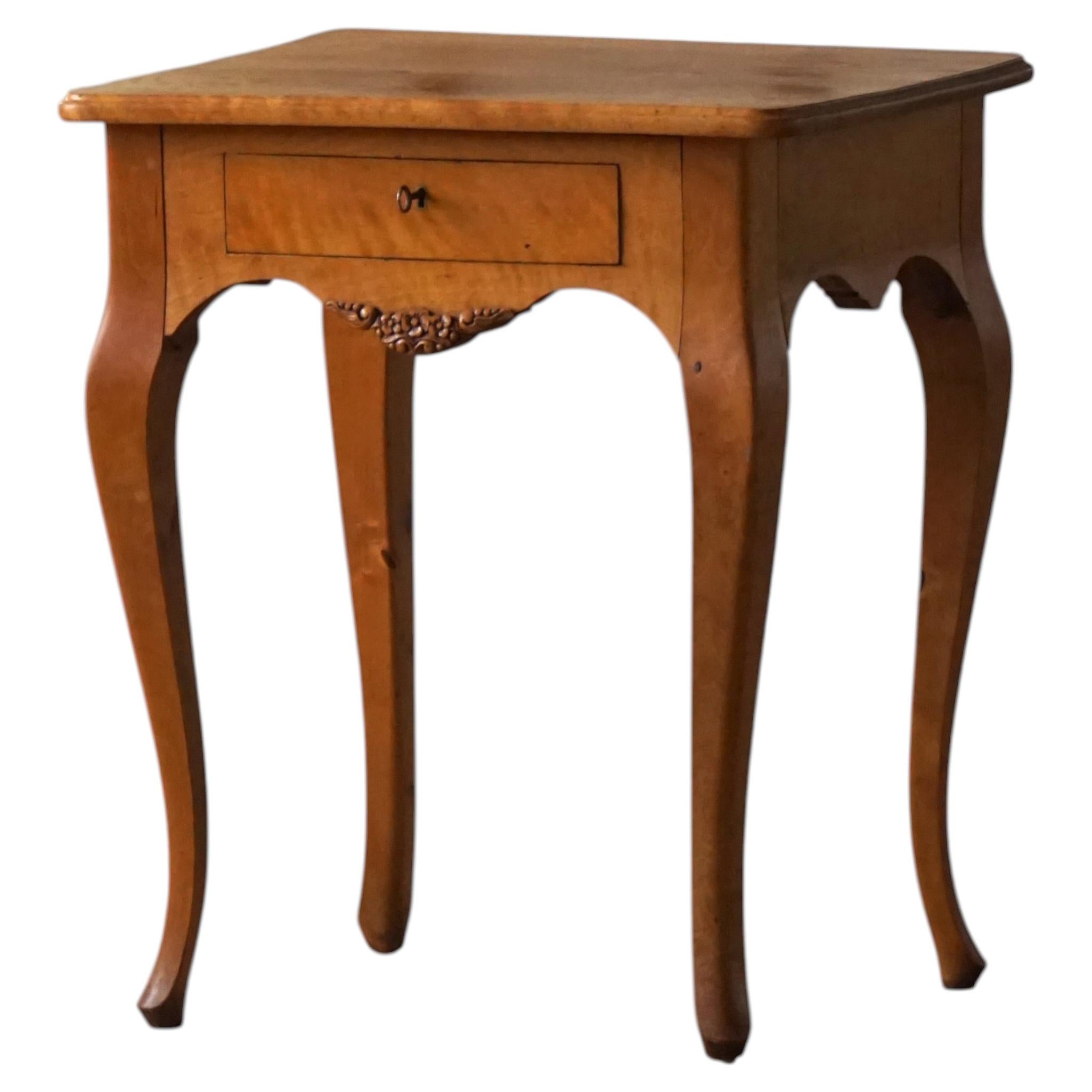 Rococo-Style Danish Side Table in Birch with Drawer, Early 20th Century