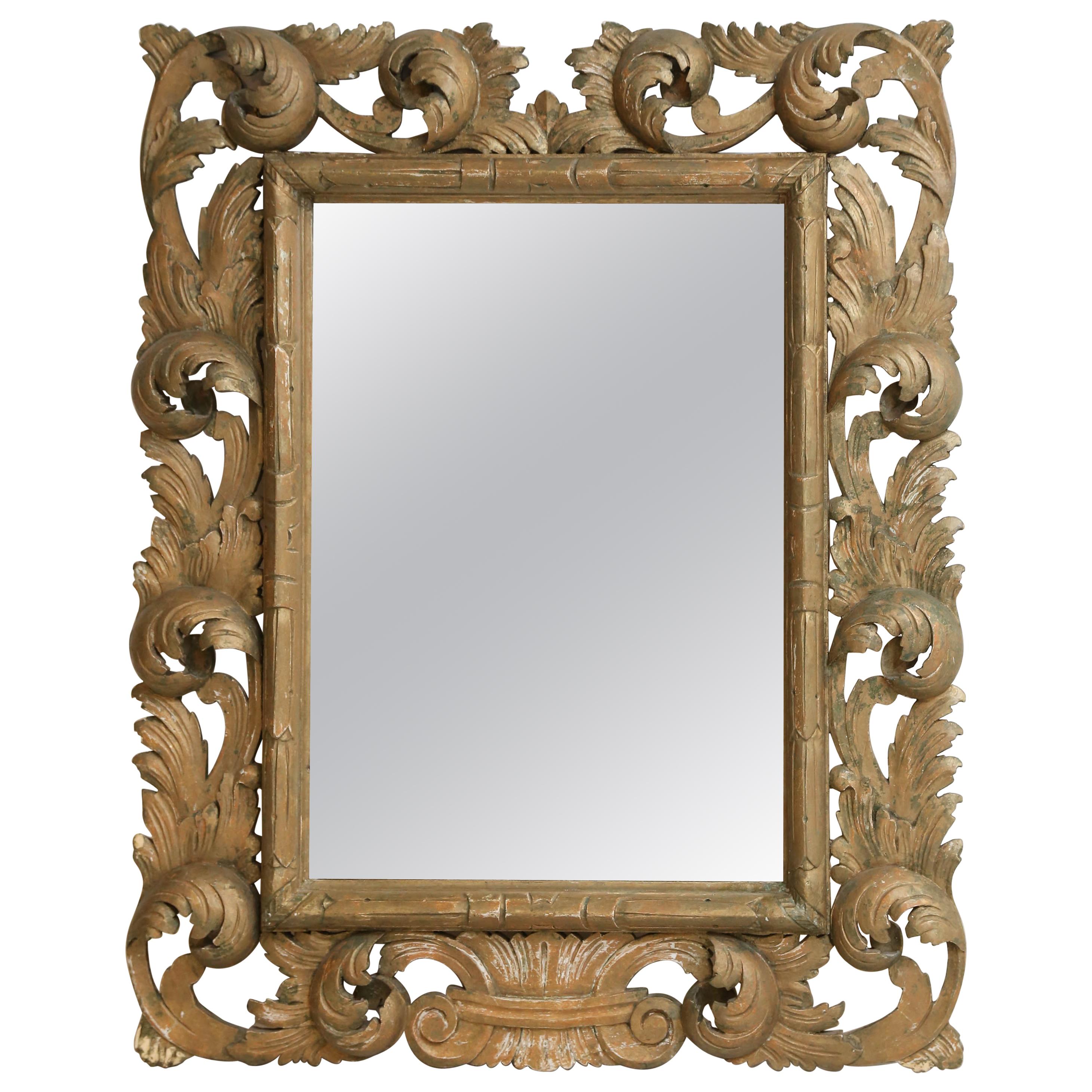 Rococo-Style Distressed Acanthus Leaves Carved Mirror For Sale