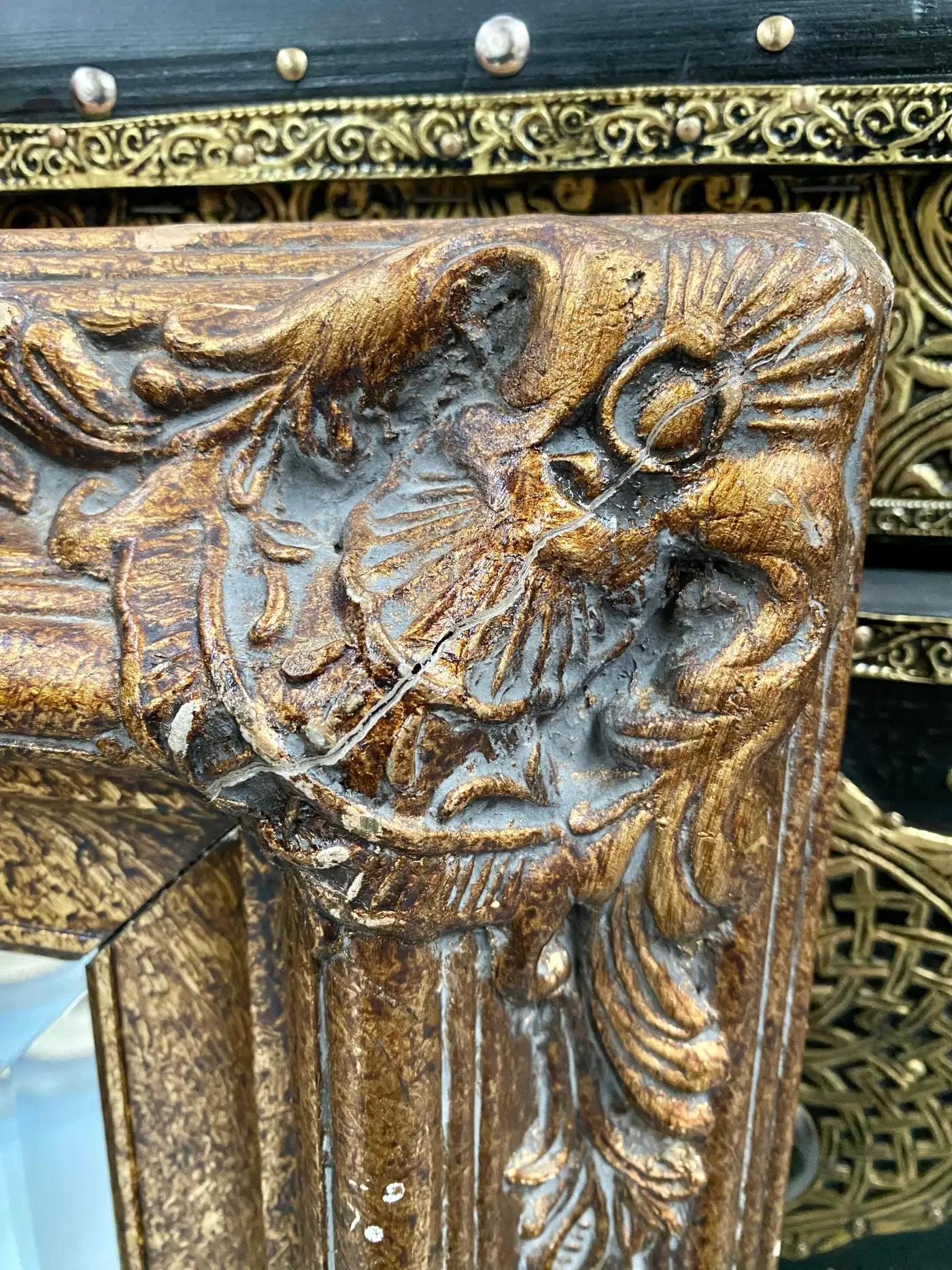 20th Century Rococo Style Distressed Gold Beveled Console or Wall Mirror by Bombay Furniture For Sale