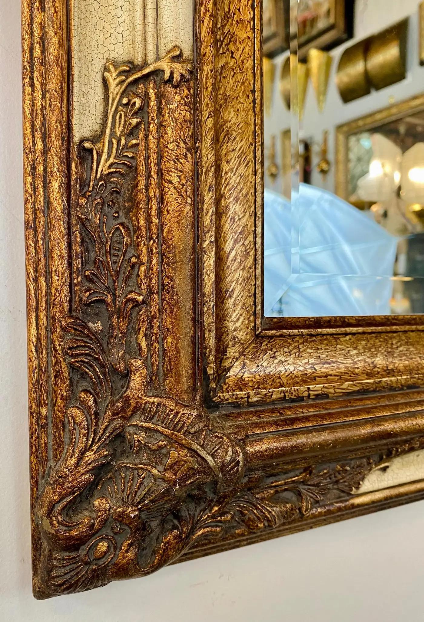 Wood Rococo Style Distressed Gold Beveled Console or Wall Mirror by Bombay Furniture For Sale