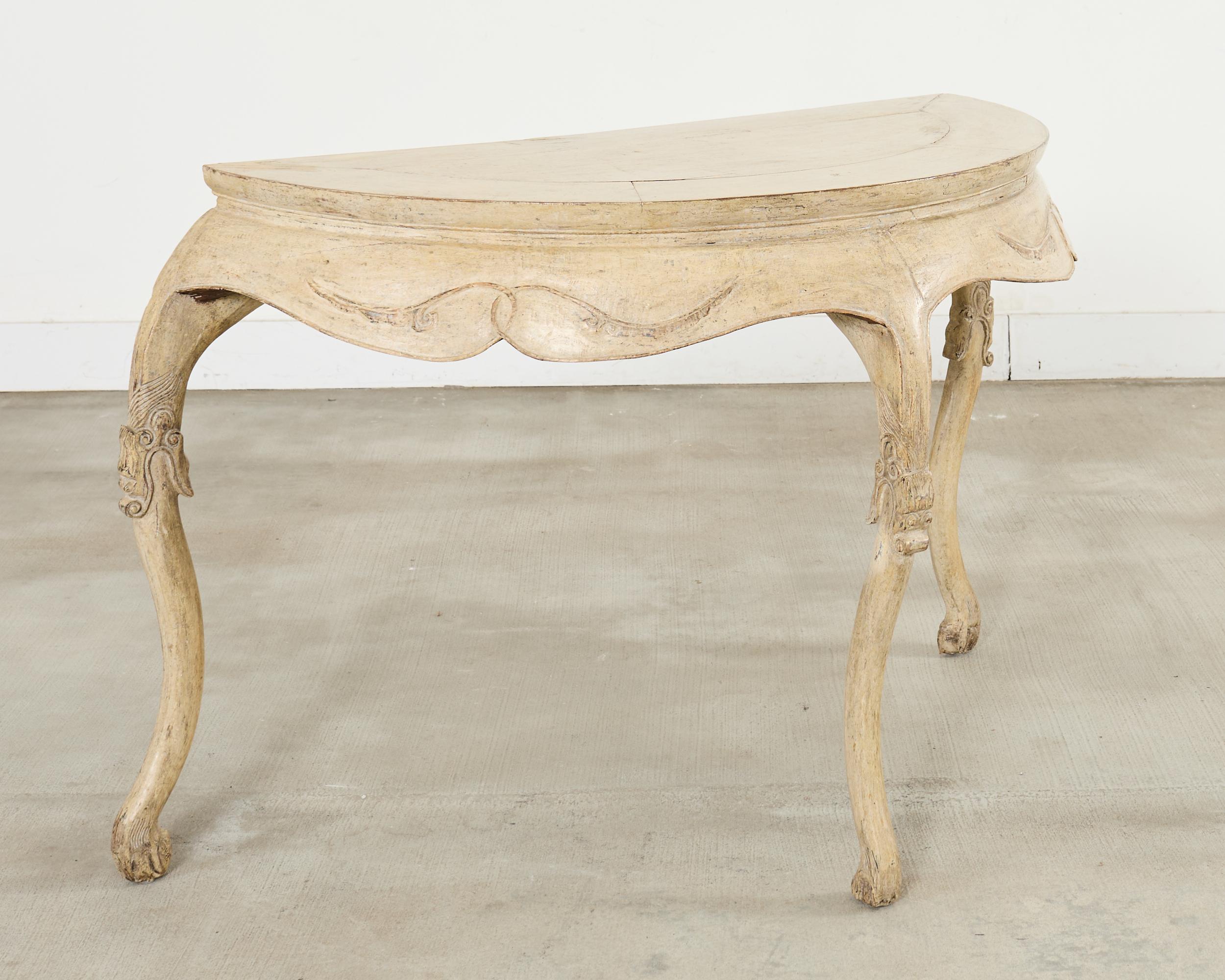 20th Century Rococo Style Faux Painted Demilune Console Table For Sale