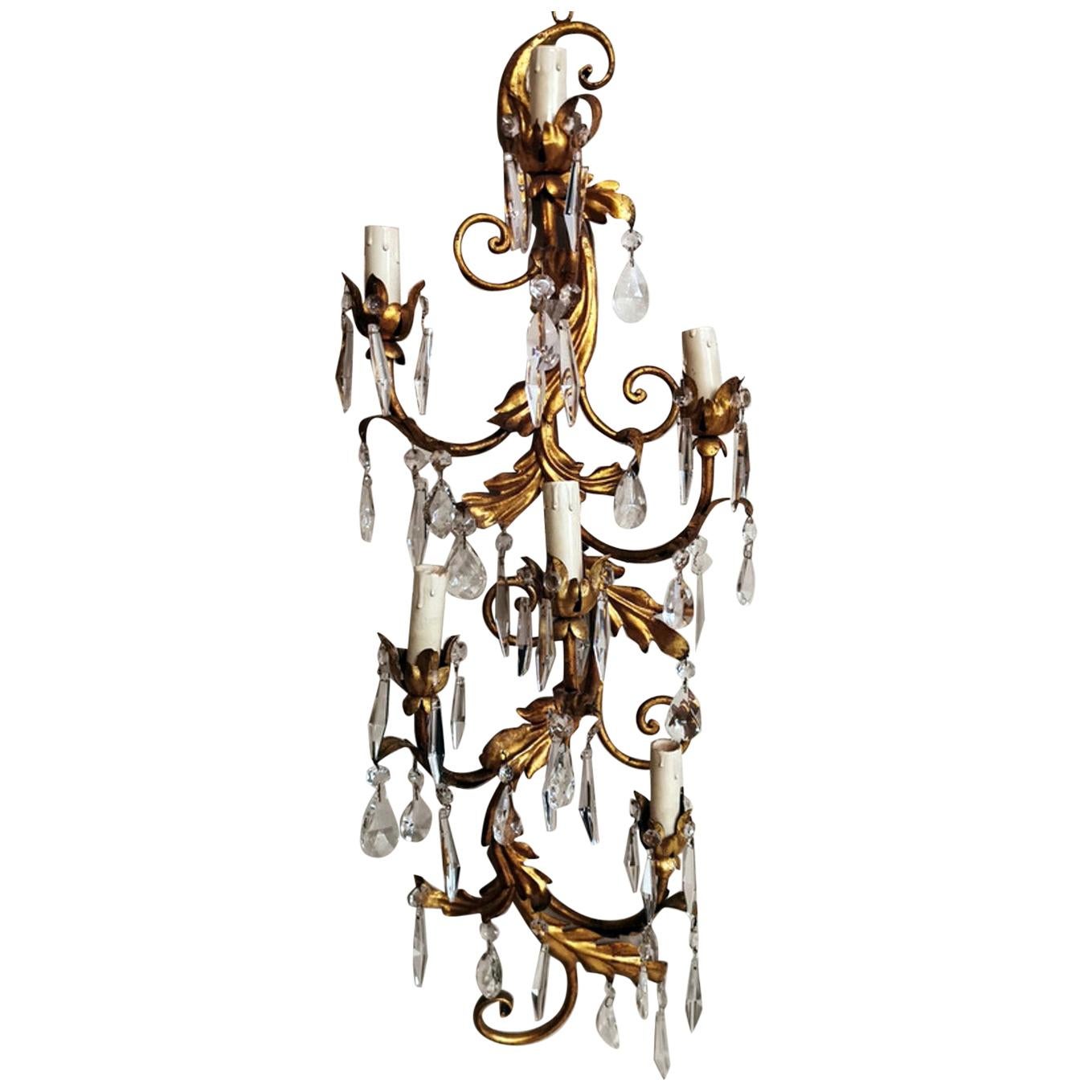 Rococo Style Florentine Wall Sconce in Gilded Iron and Crystals