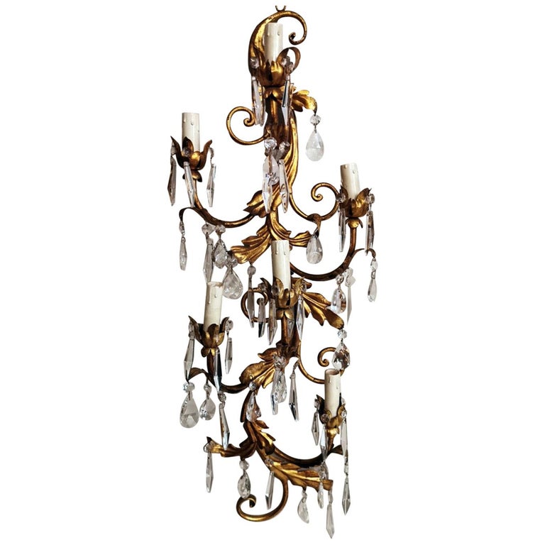 Rococo Style Florentine Wall Sconce in Gilded Iron and Crystals at 1stDibs