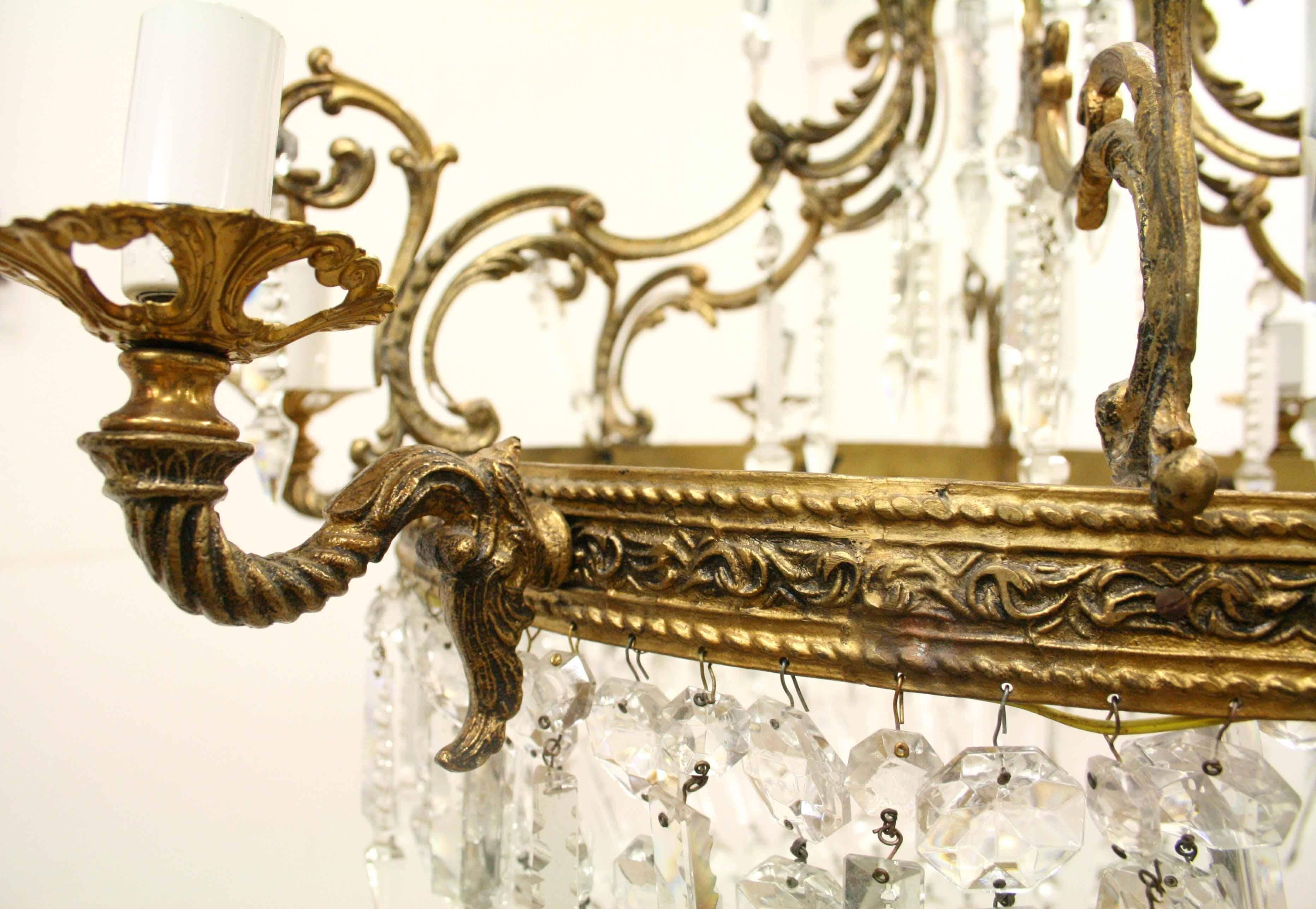 Rococo Style Gilded Brass and Glass Chandelier, circa 1900 In Good Condition For Sale In Edinburgh, GB