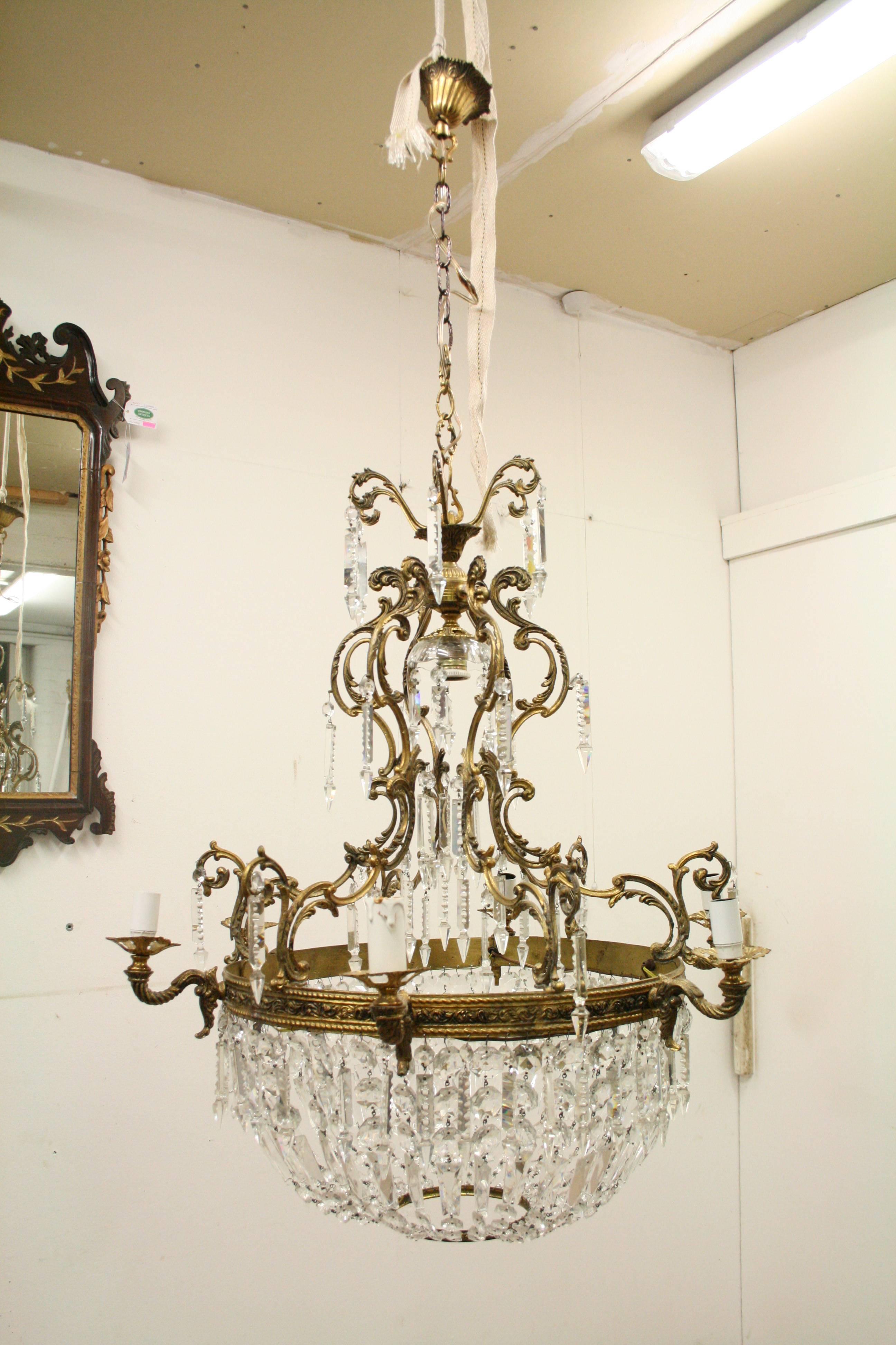 Early 20th Century Rococo Style Gilded Brass and Glass Chandelier, circa 1900 For Sale