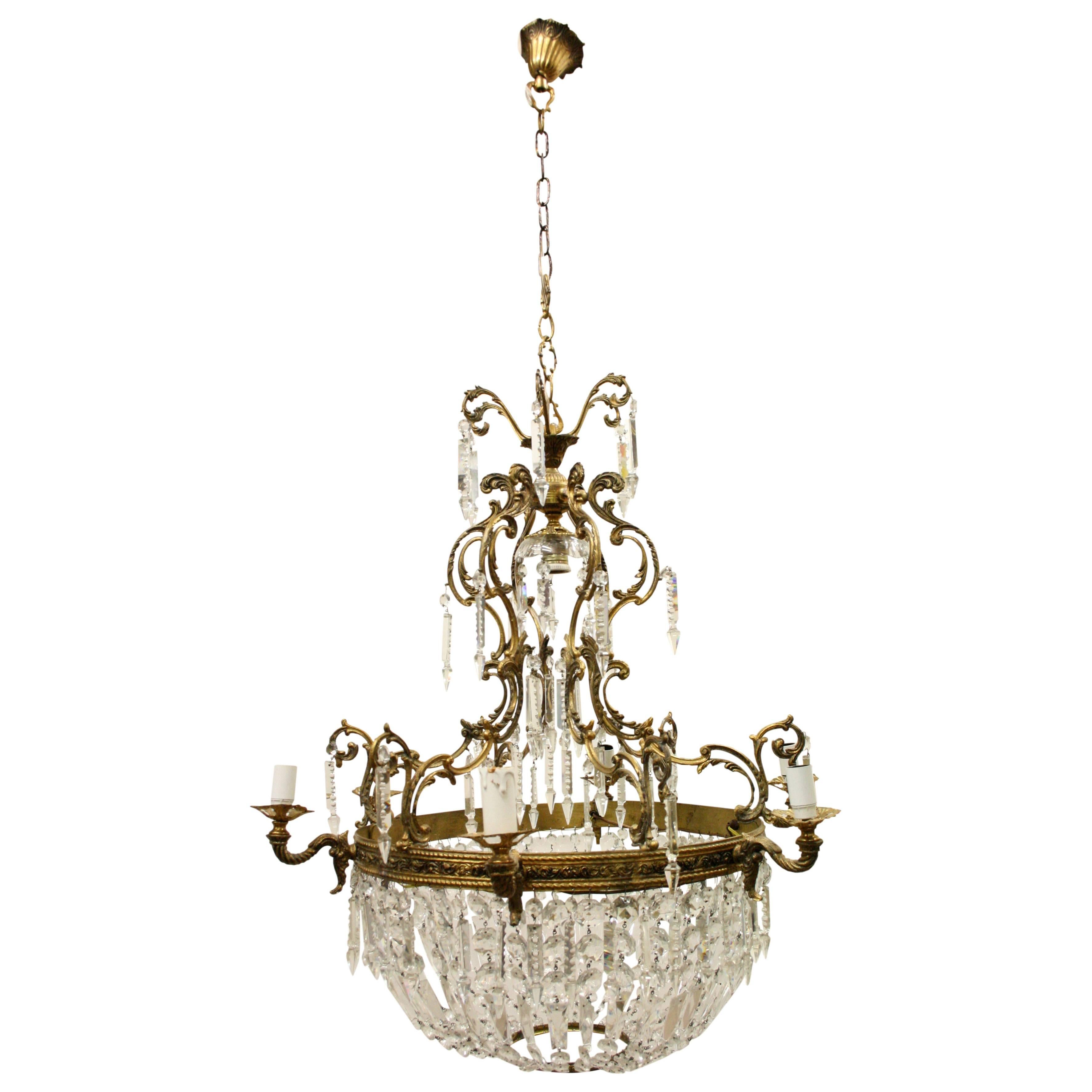 Rococo Style Gilded Brass and Glass Chandelier, circa 1900 For Sale