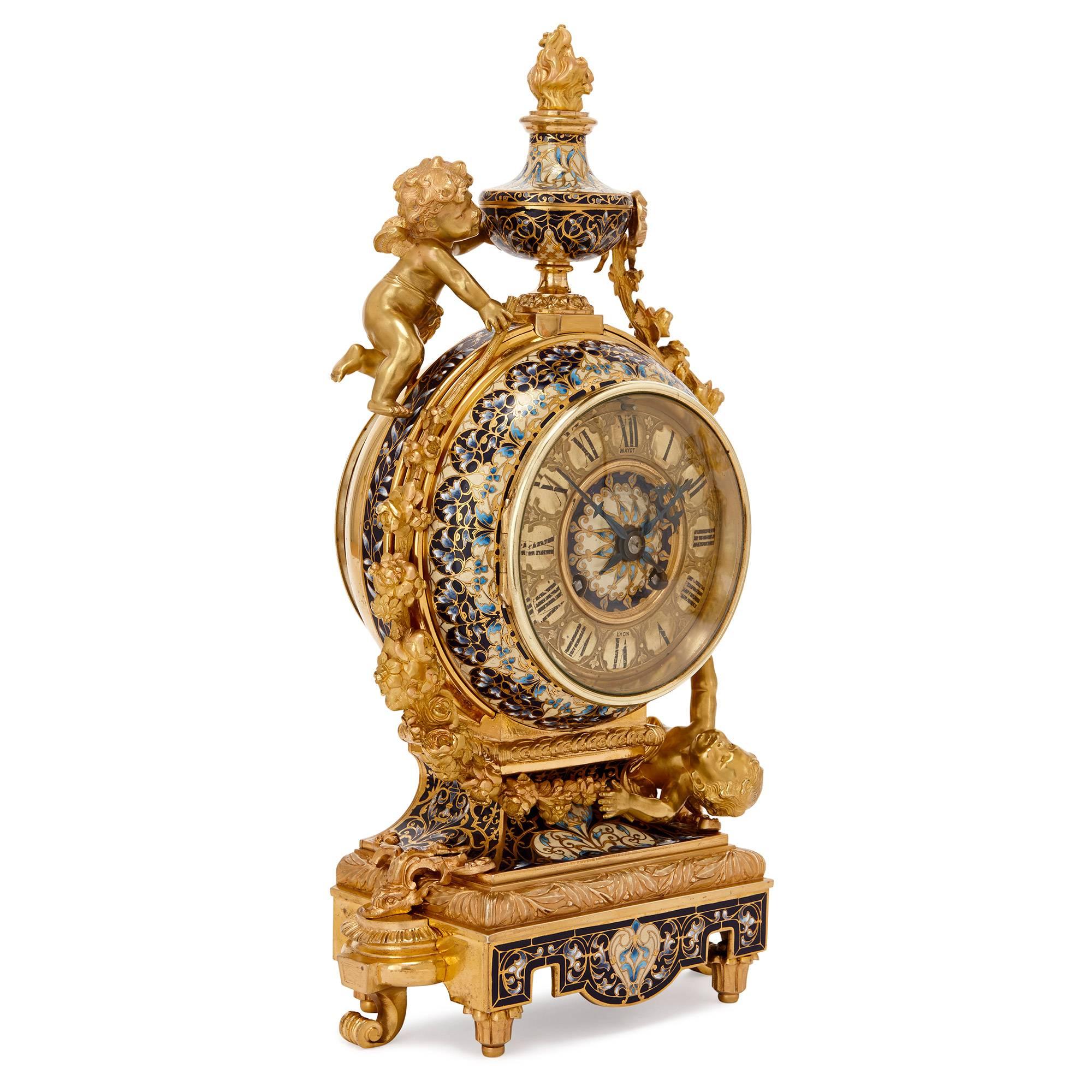 French Rococo Style Gilt Bronze and Cloisonné Enamel Clock Set