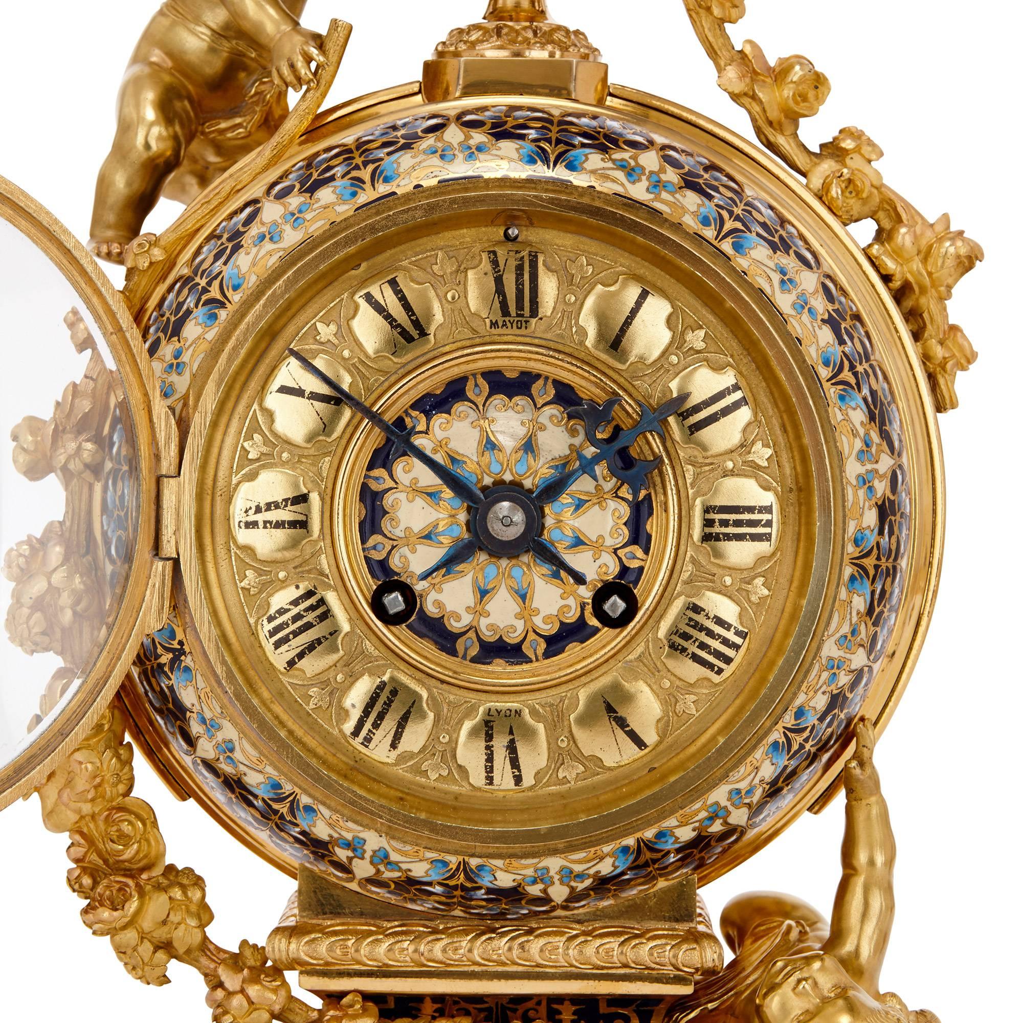 Cloissoné Rococo Style Gilt Bronze and Cloisonné Enamel Clock Set