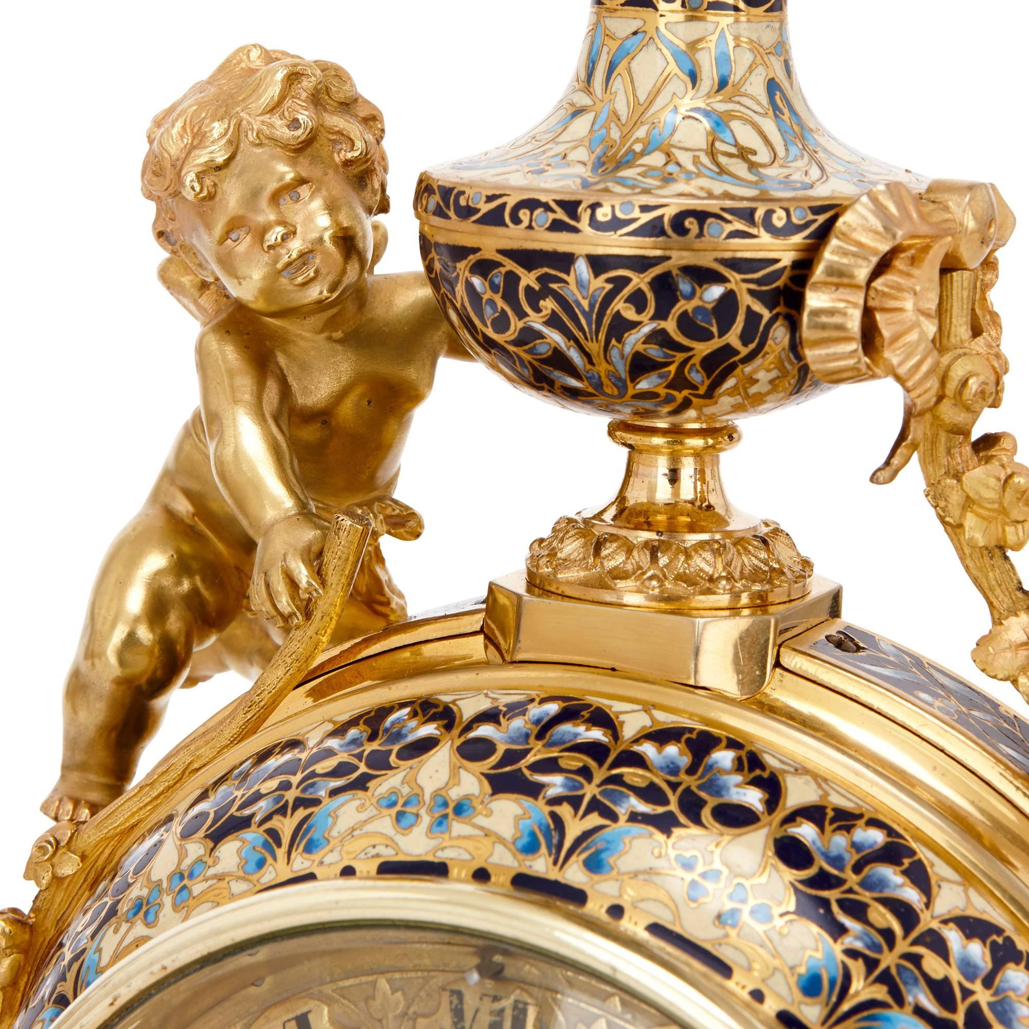 Rococo Style Gilt Bronze and Cloisonné Enamel Clock Set In Excellent Condition In London, GB