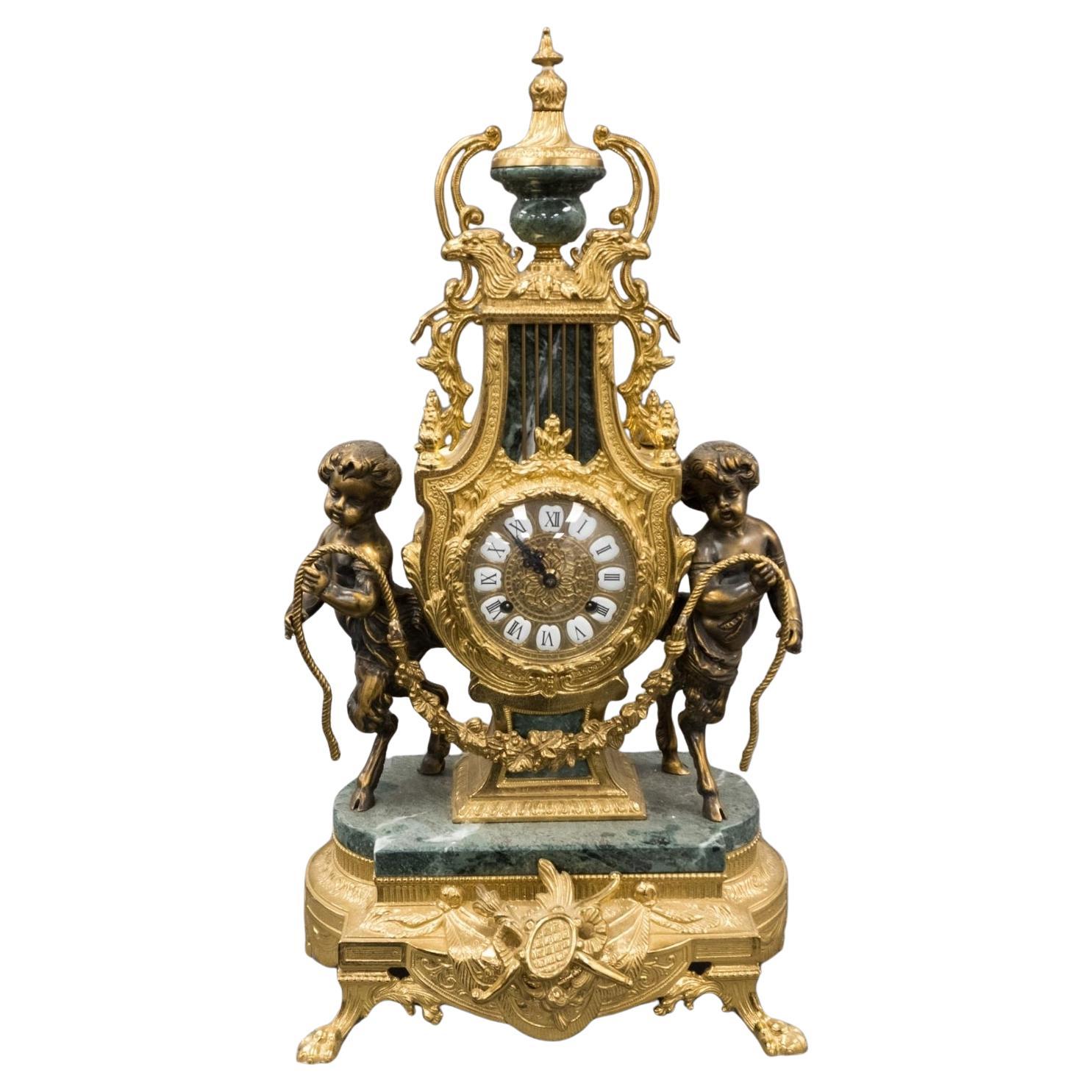 Rococo Style Gilt Bronze and Marble Satyr Figurals Mantel Clock