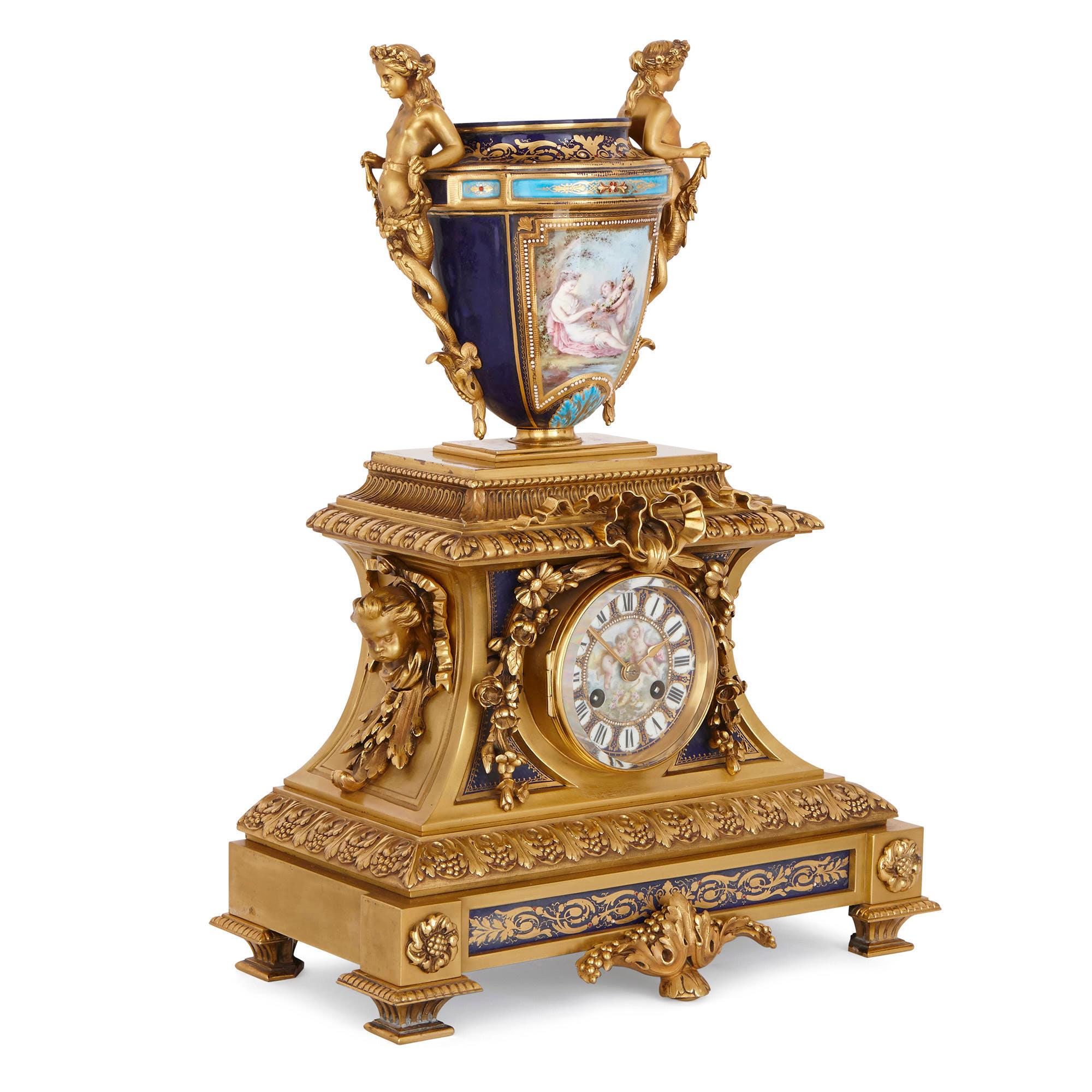 This wonderful porcelain clock set was created in France in the late 19th century. The set is designed in an elegant 18th century Rococo style, popularised by the prestigious Sevres porcelain manufactory.

The set which is comprised of a mantel