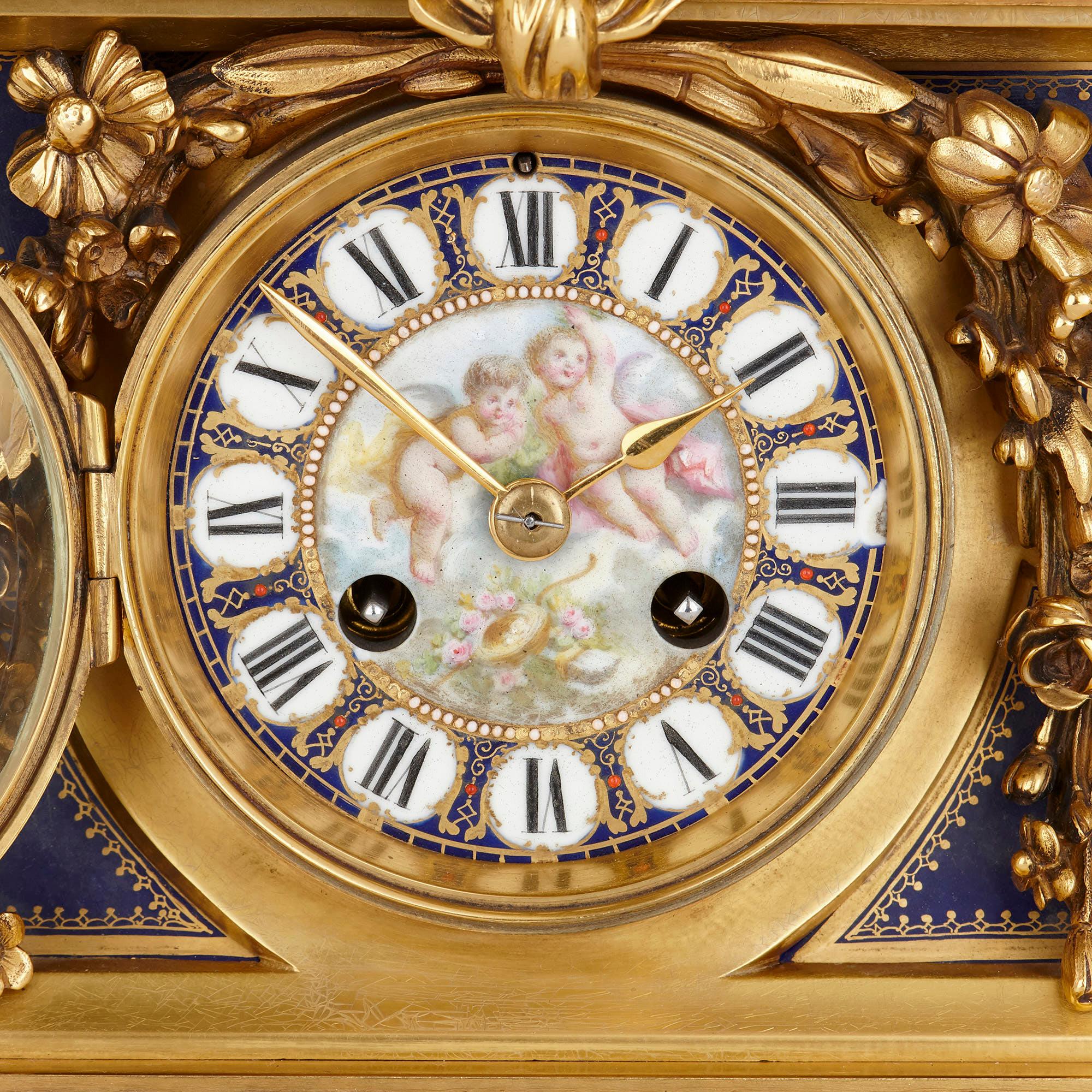 French Rococo Style Gilt Bronze and Porcelain Matched Clock Set