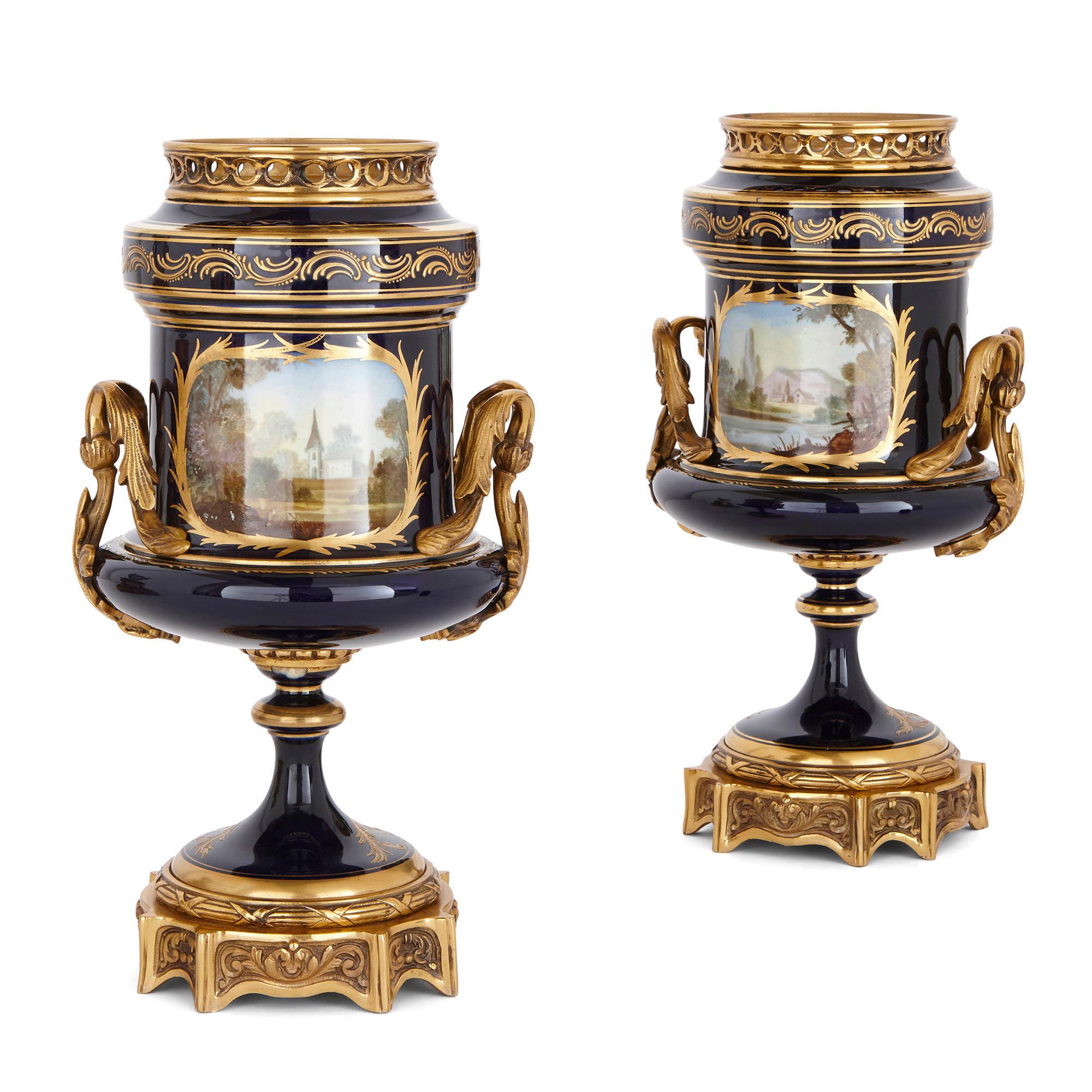 19th Century Rococo Style Gilt Bronze and Porcelain Matched Clock Set