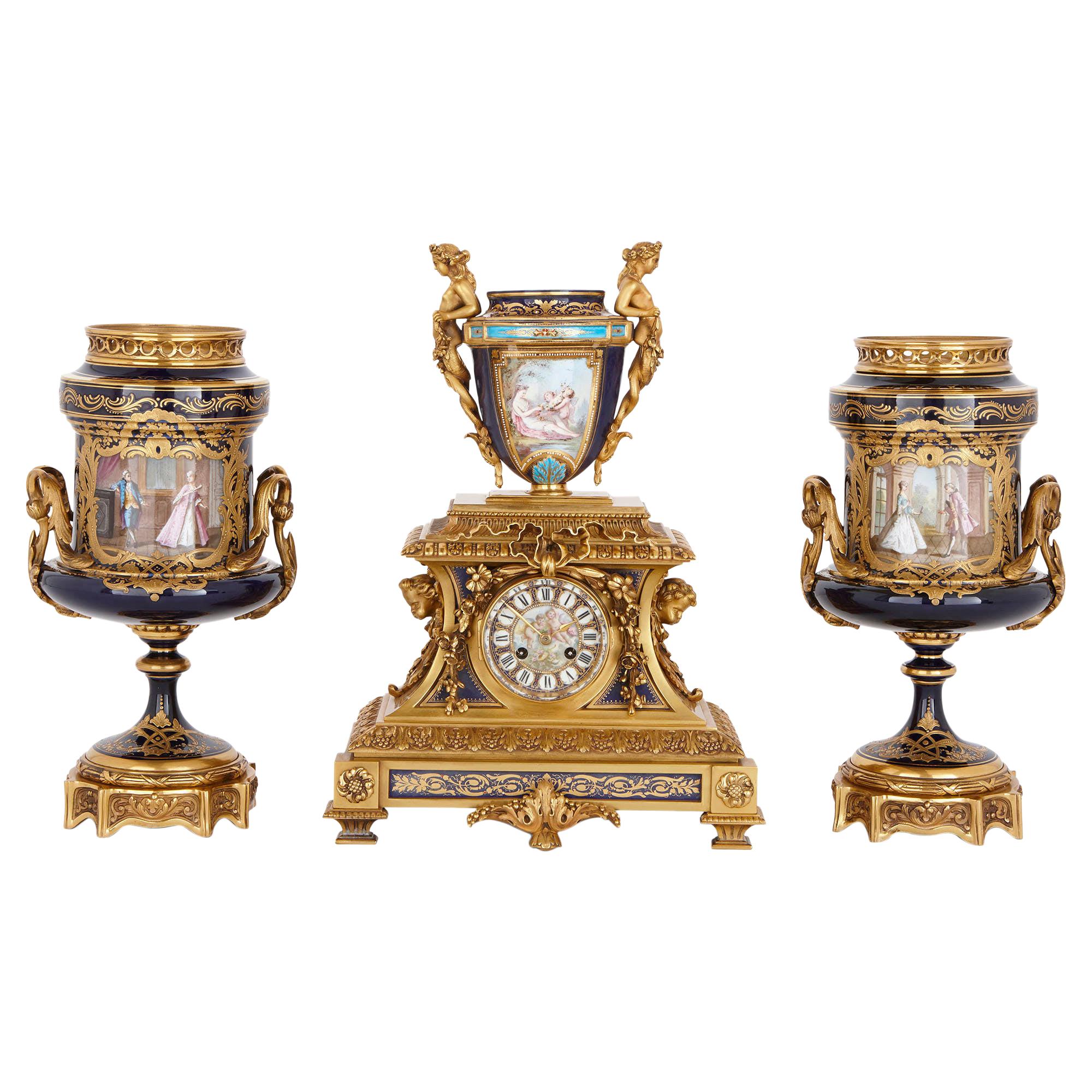 Rococo Style Gilt Bronze and Porcelain Matched Clock Set