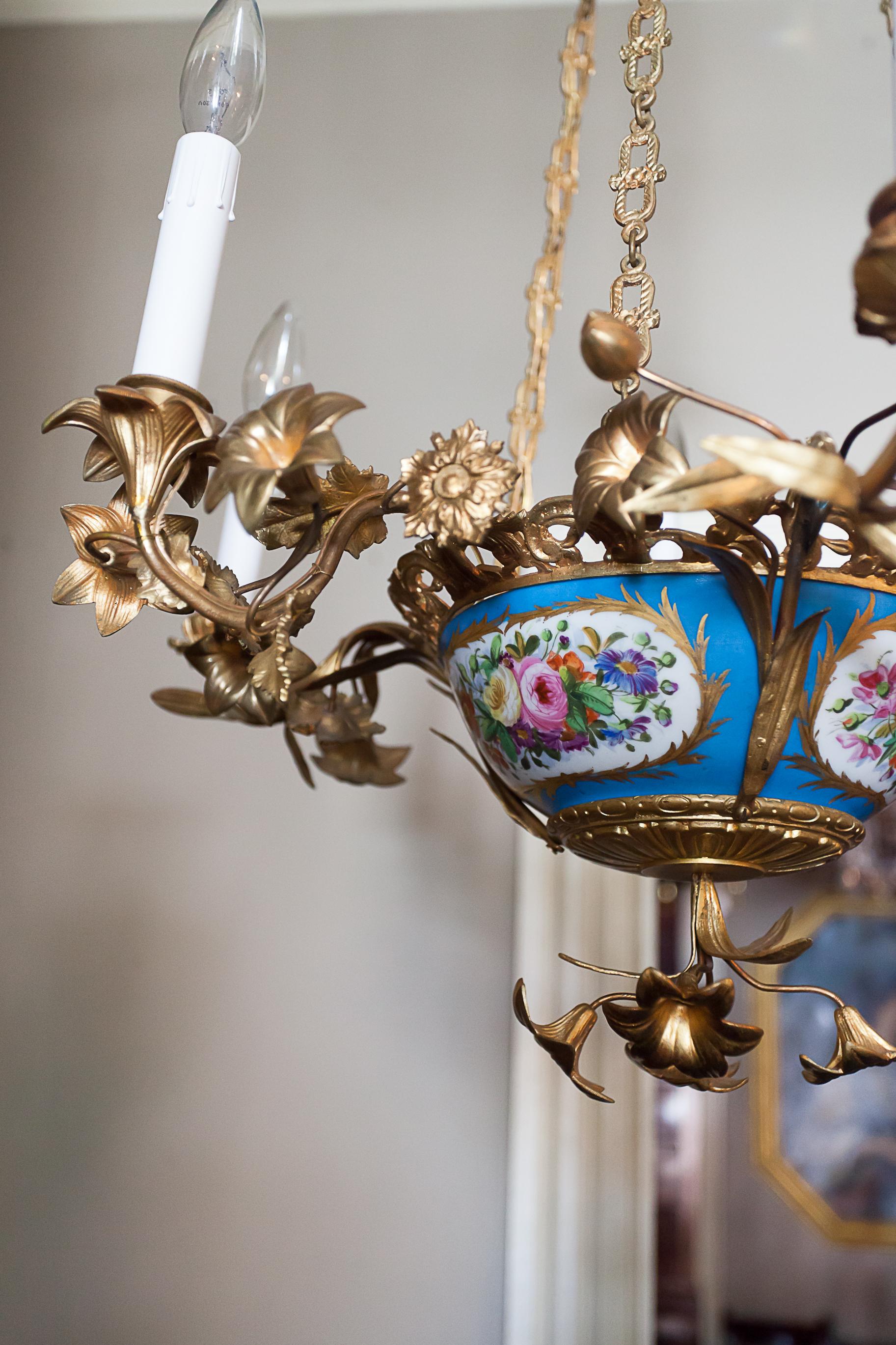 Rococo Style Gilt Bronze and Porcelain Six Light Chandelier, Europe, circa 1890 For Sale 6