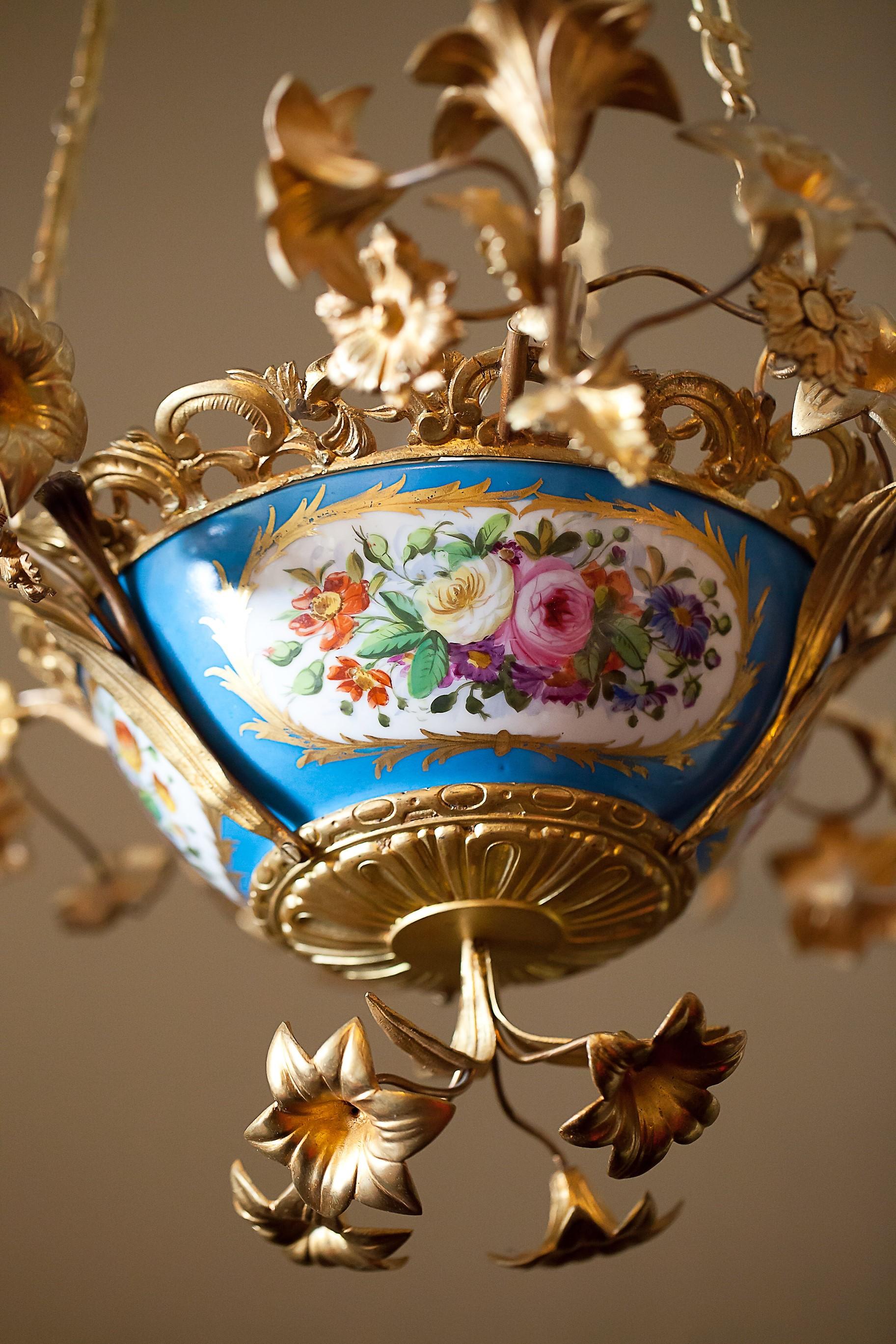 19th Century Rococo Style Gilt Bronze and Porcelain Six Light Chandelier, Europe, circa 1890 For Sale