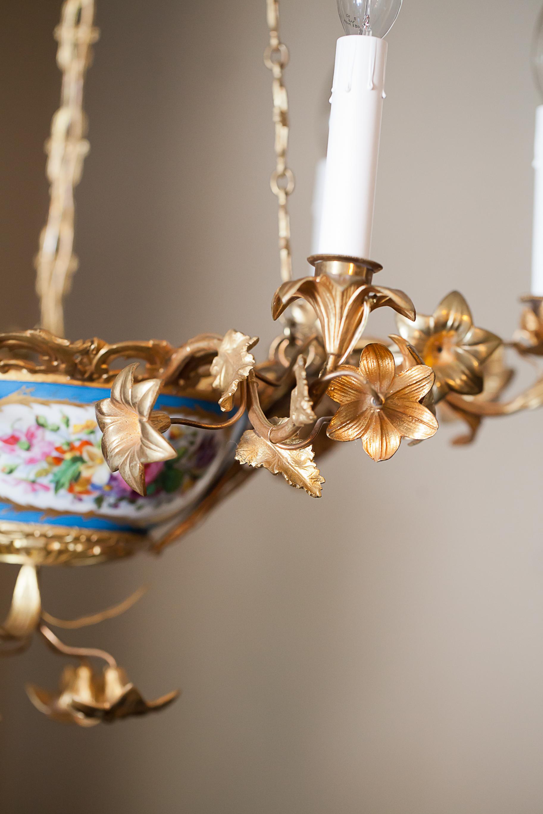 Rococo Style Gilt Bronze and Porcelain Six Light Chandelier, Europe, circa 1890 For Sale 3