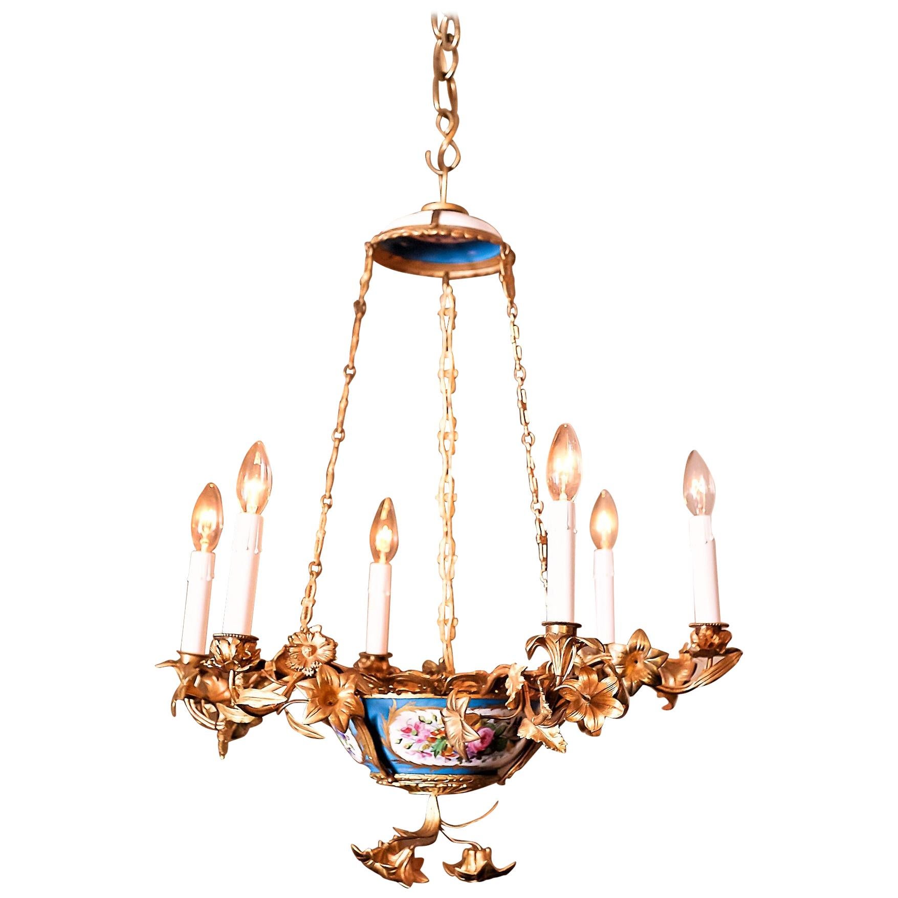 Rococo Style Gilt Bronze and Porcelain Six Light Chandelier, Europe, circa 1890 For Sale