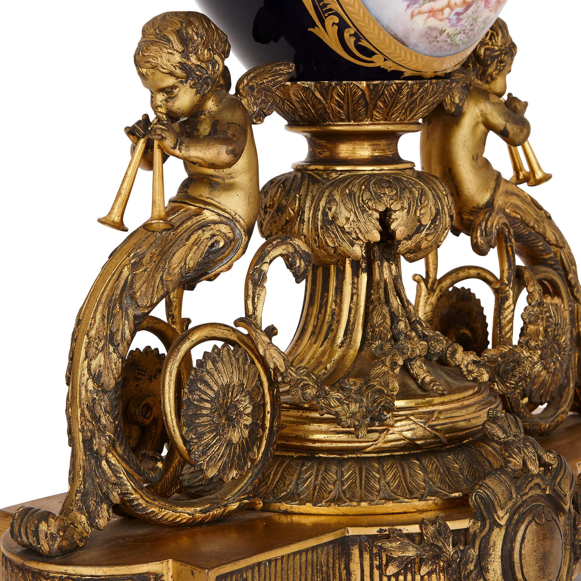 Rococo Style Gilt Bronze and Sèvres Style Porcelain Clock Garniture In Good Condition For Sale In London, GB