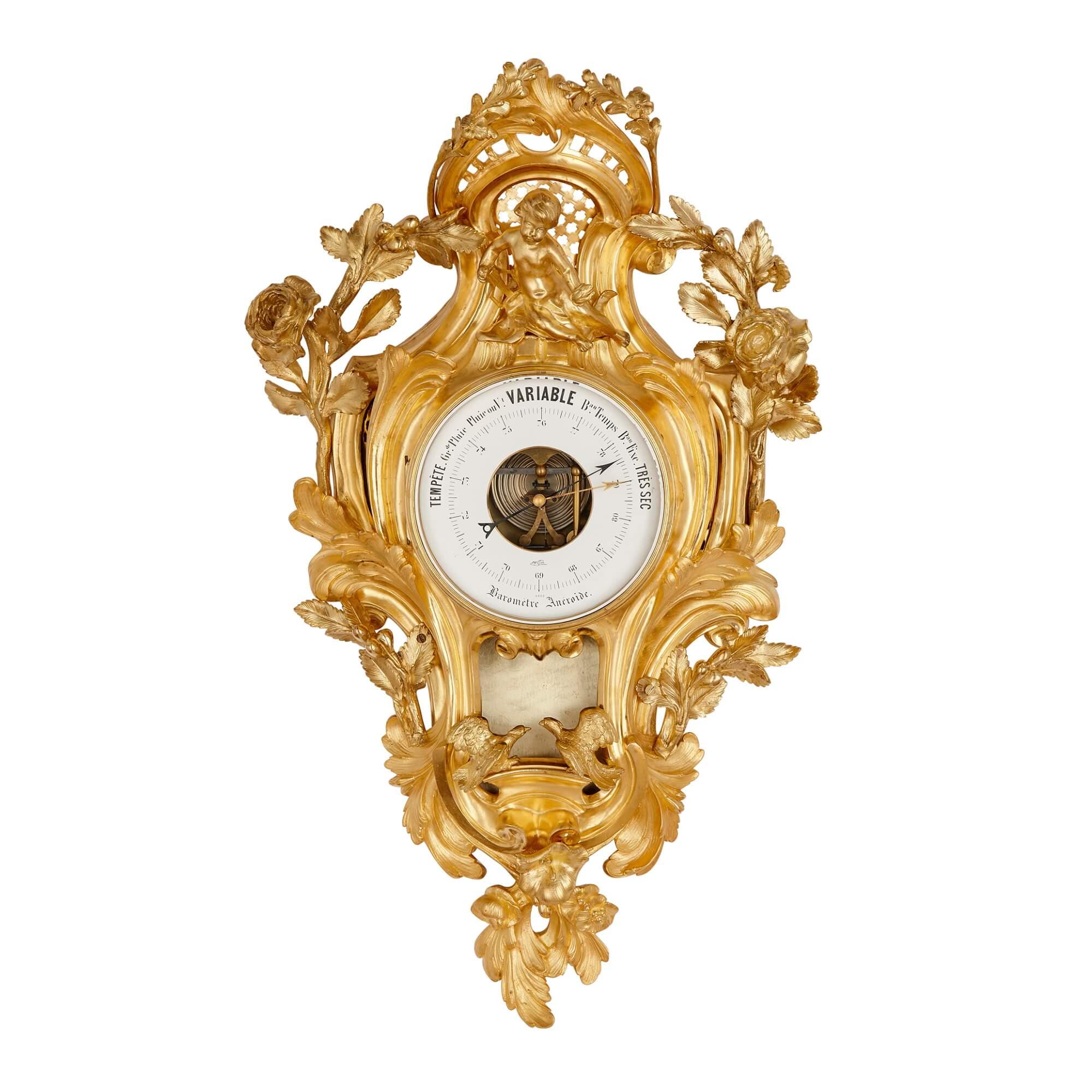 French Rococo Style Gilt Bronze Cartel Clock and Barometer For Sale