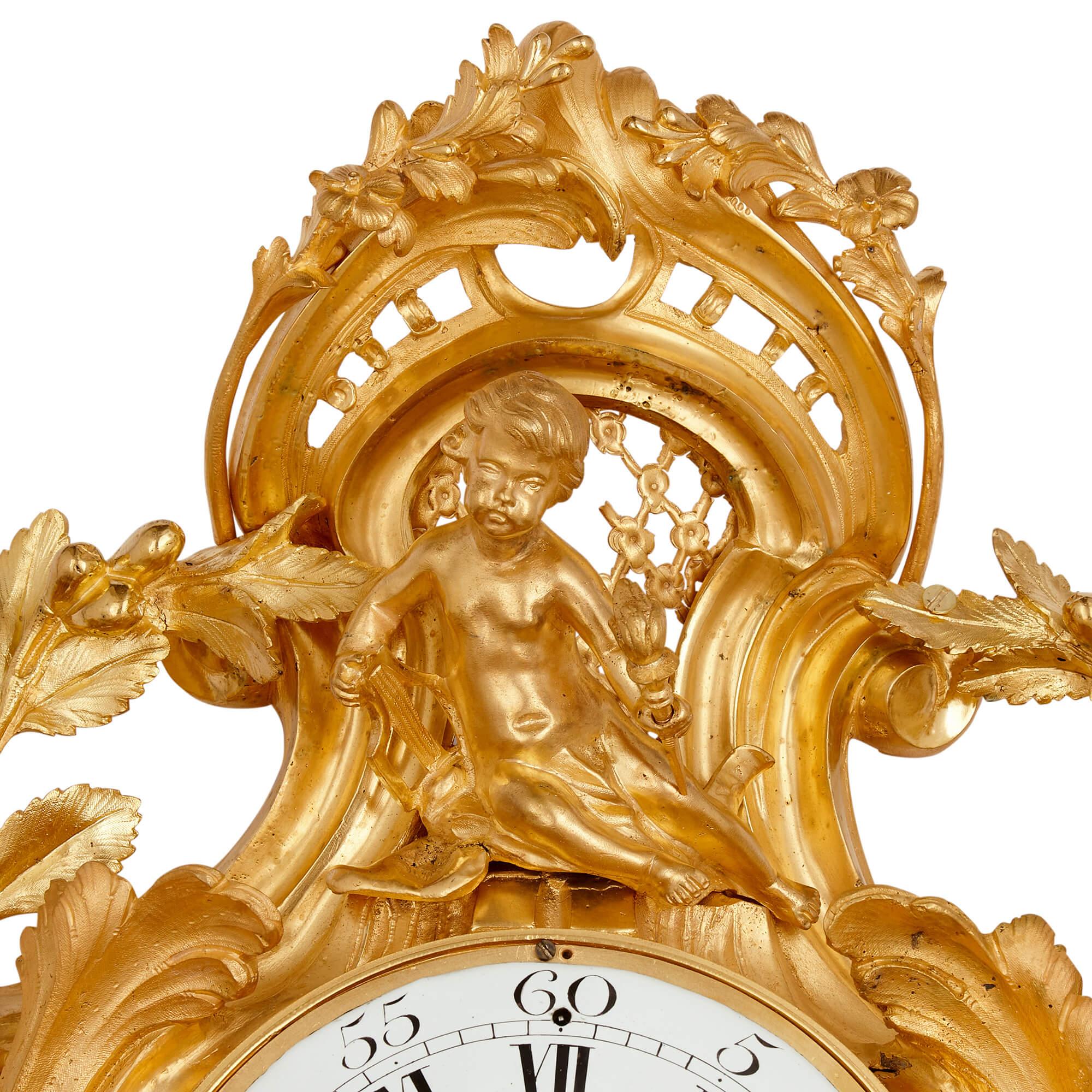 Ormolu Rococo Style Gilt Bronze Cartel Clock and Barometer For Sale