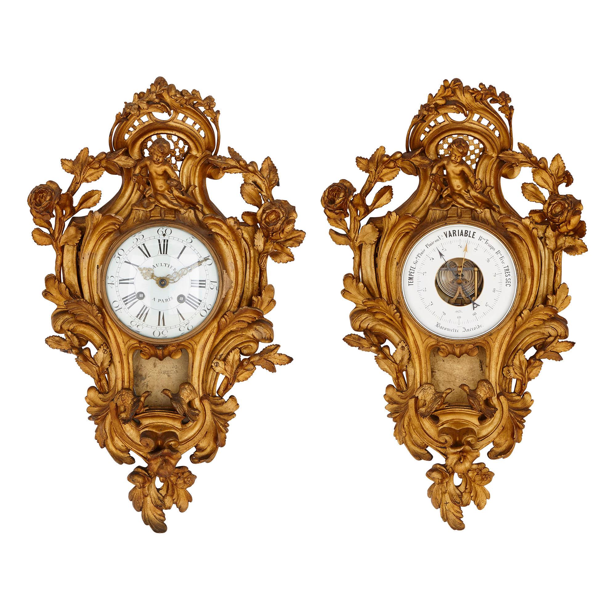 Rococo Style Gilt Bronze Cartel Clock and Barometer
