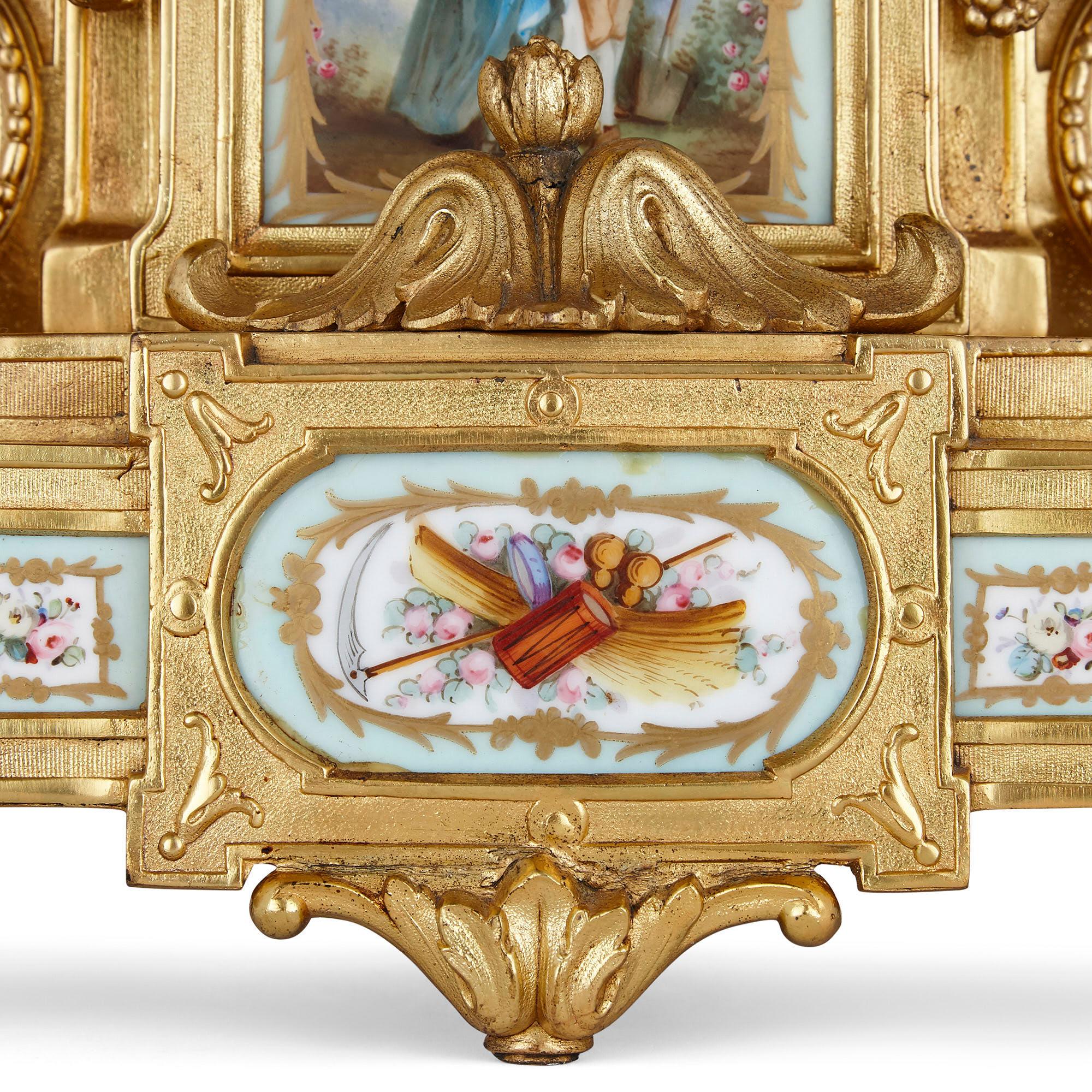 19th Century Rococo Style Gilt Bronze Mantel Clock with Sèvres Style Porcelain Plaques For Sale