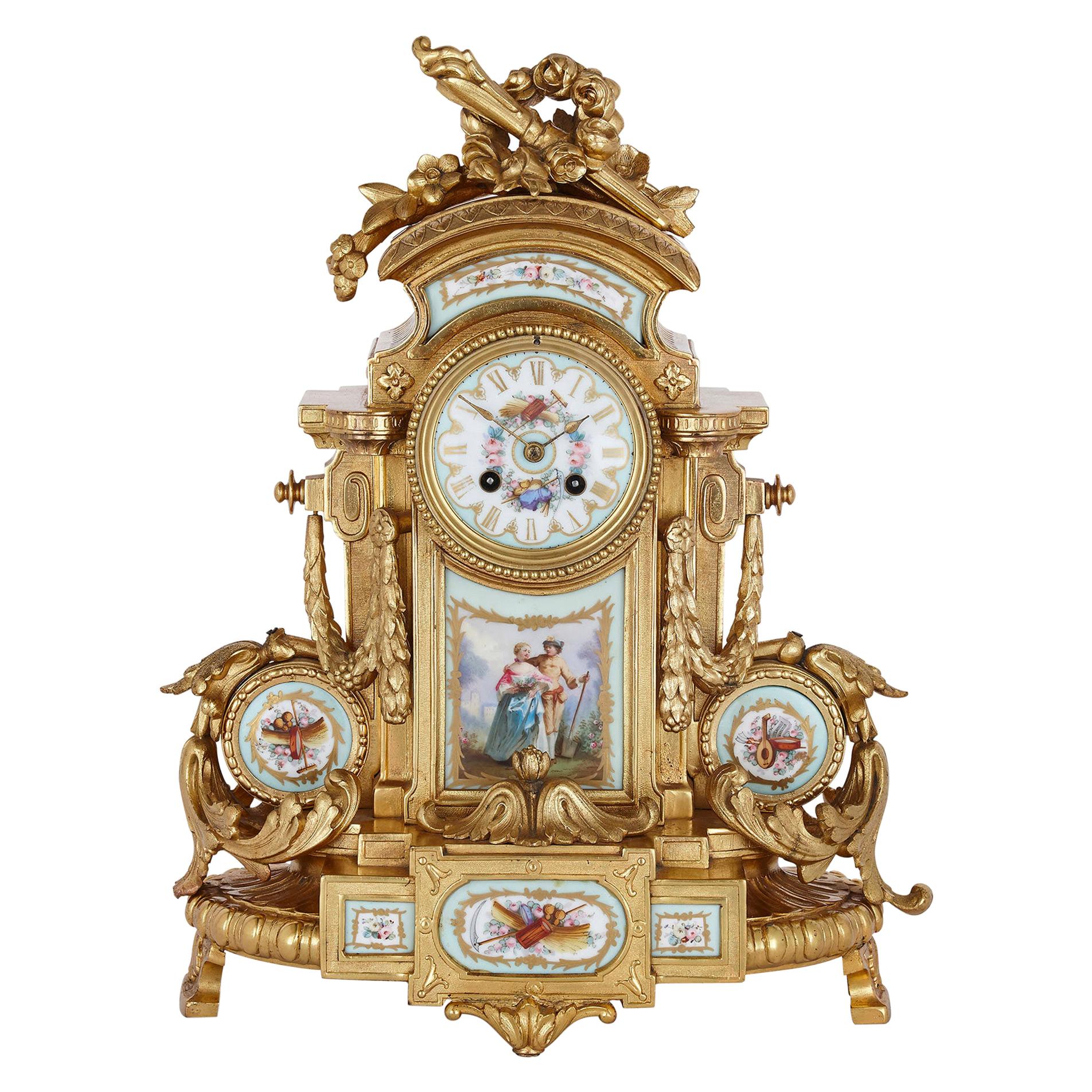 Rococo Style Gilt Bronze Mantel Clock with Sèvres Style Porcelain Plaques