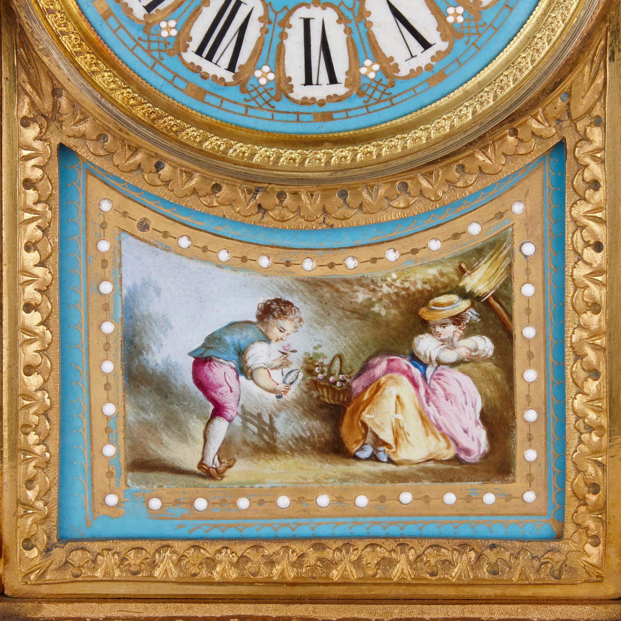 Rococo Style Gilt Bronze Mounted Porcelain Clock Garniture In Good Condition For Sale In London, GB