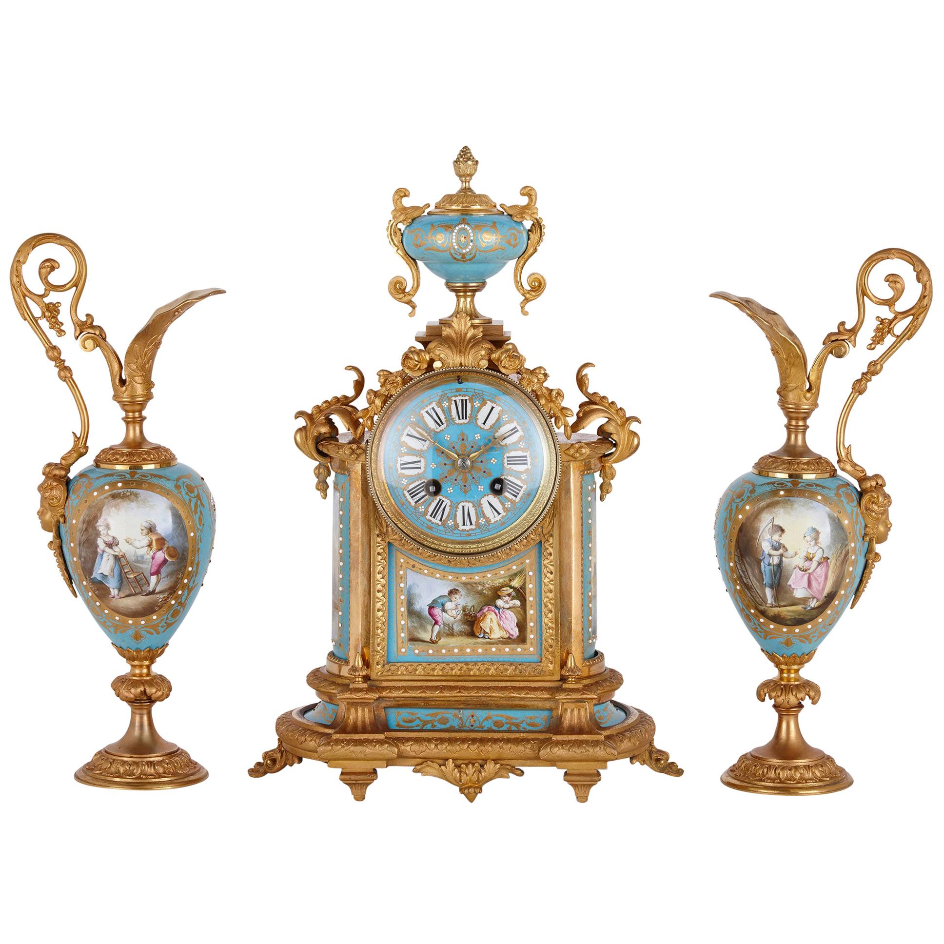 Rococo Style Gilt Bronze Mounted Porcelain Clock Garniture