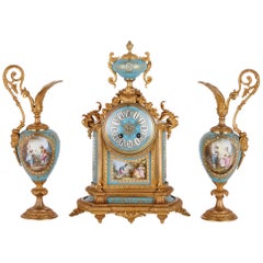 Antique Rococo Style Gilt Bronze Mounted Porcelain Clock Garniture